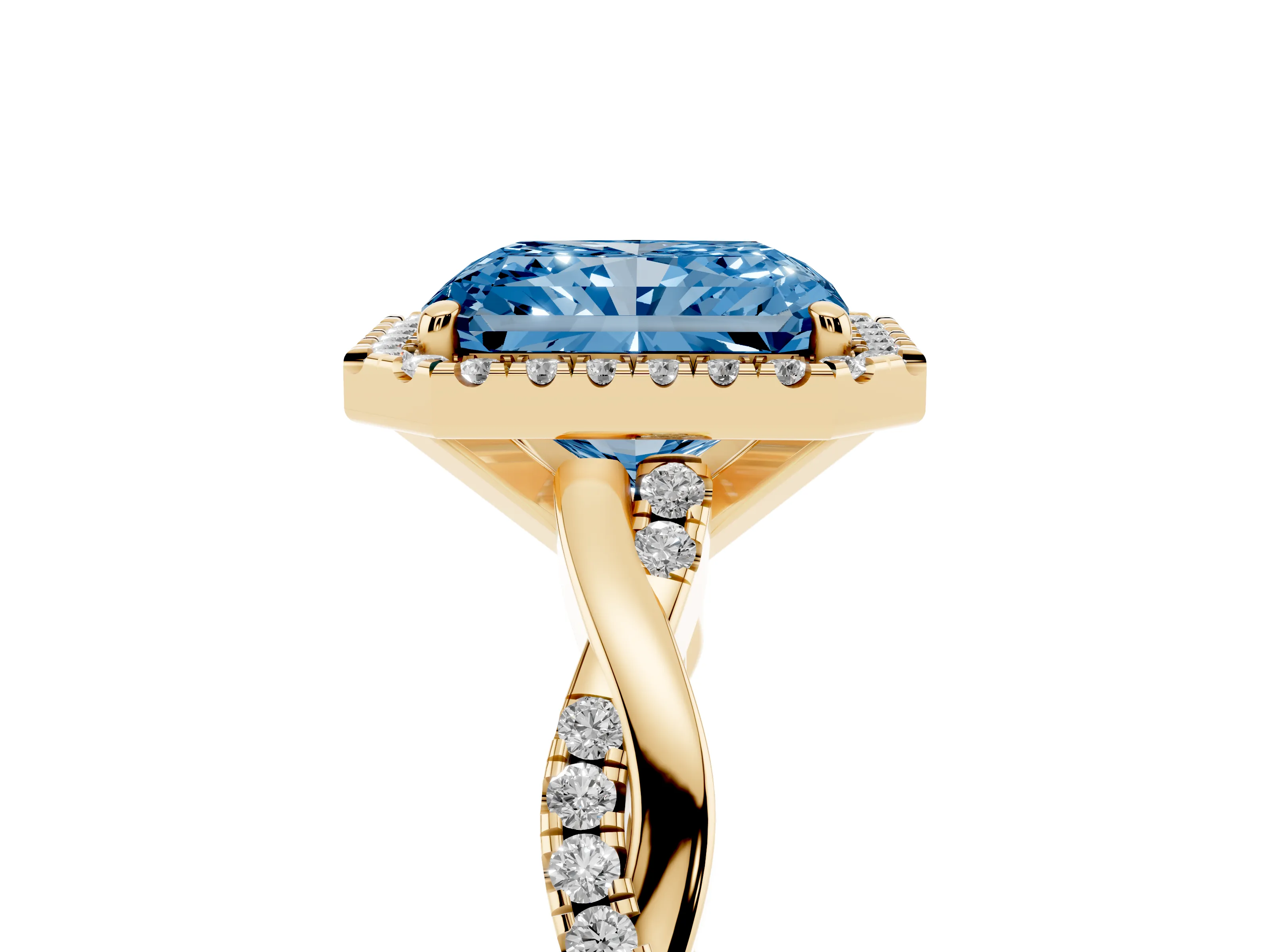 Fancy Blue Radiant Cut Diamond Halo Twisted Band Ring Set in Yellow gold with Prong Setting