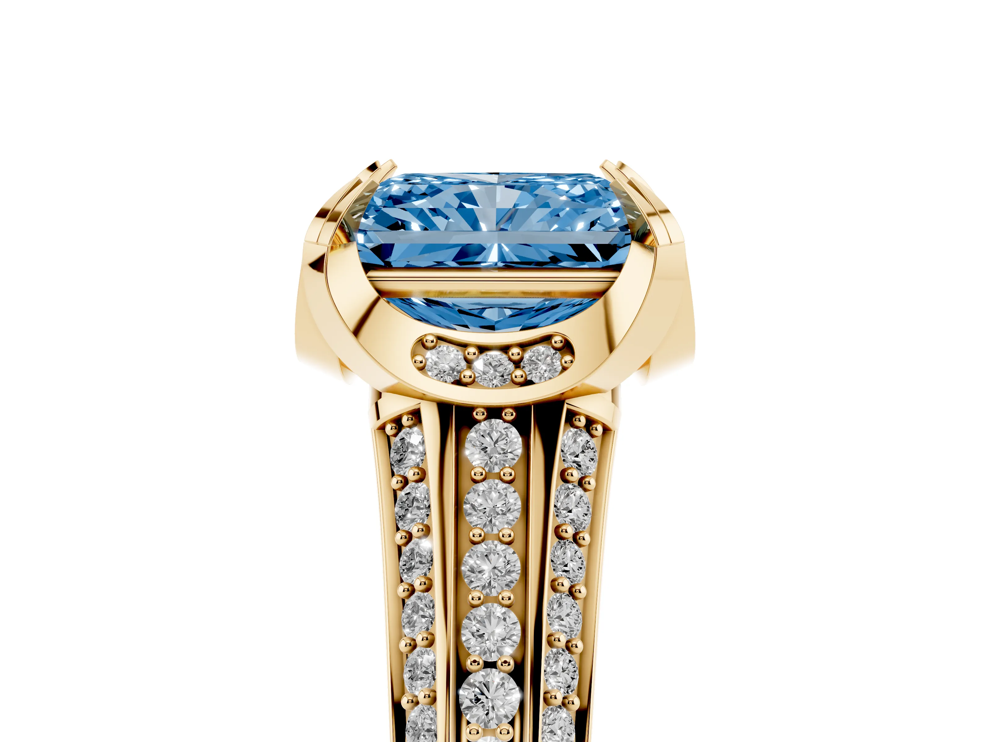 Fancy Blue Radiant Cut Diamond Pavé Split Shank Solitaire Ring Set in Yellow gold with Prong Setting