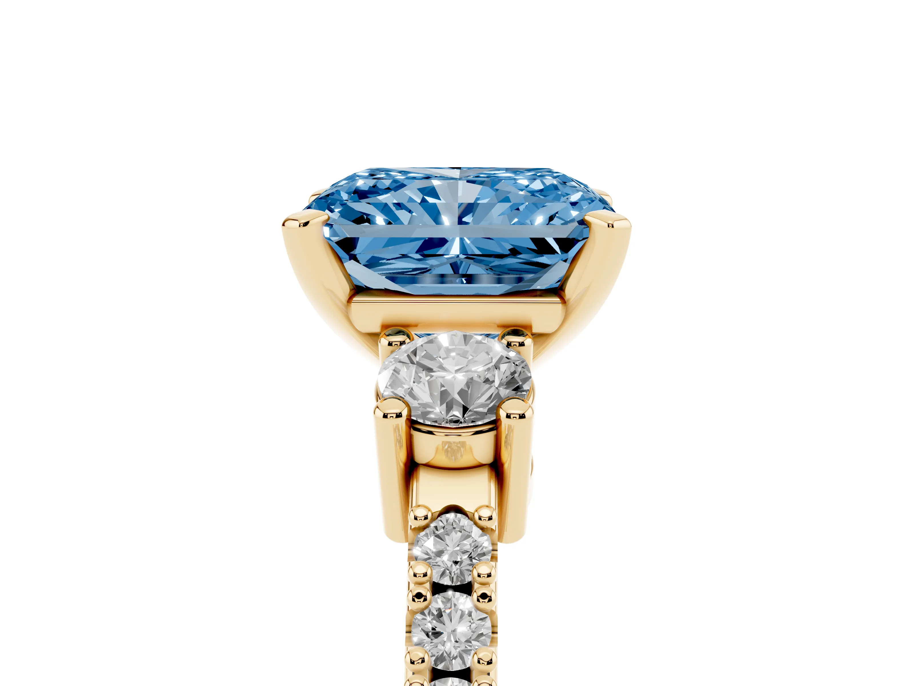 Fancy Blue Three-Stone Radiant Cut Diamond Pavé Band Ring Set in Yellow gold with Prong Setting