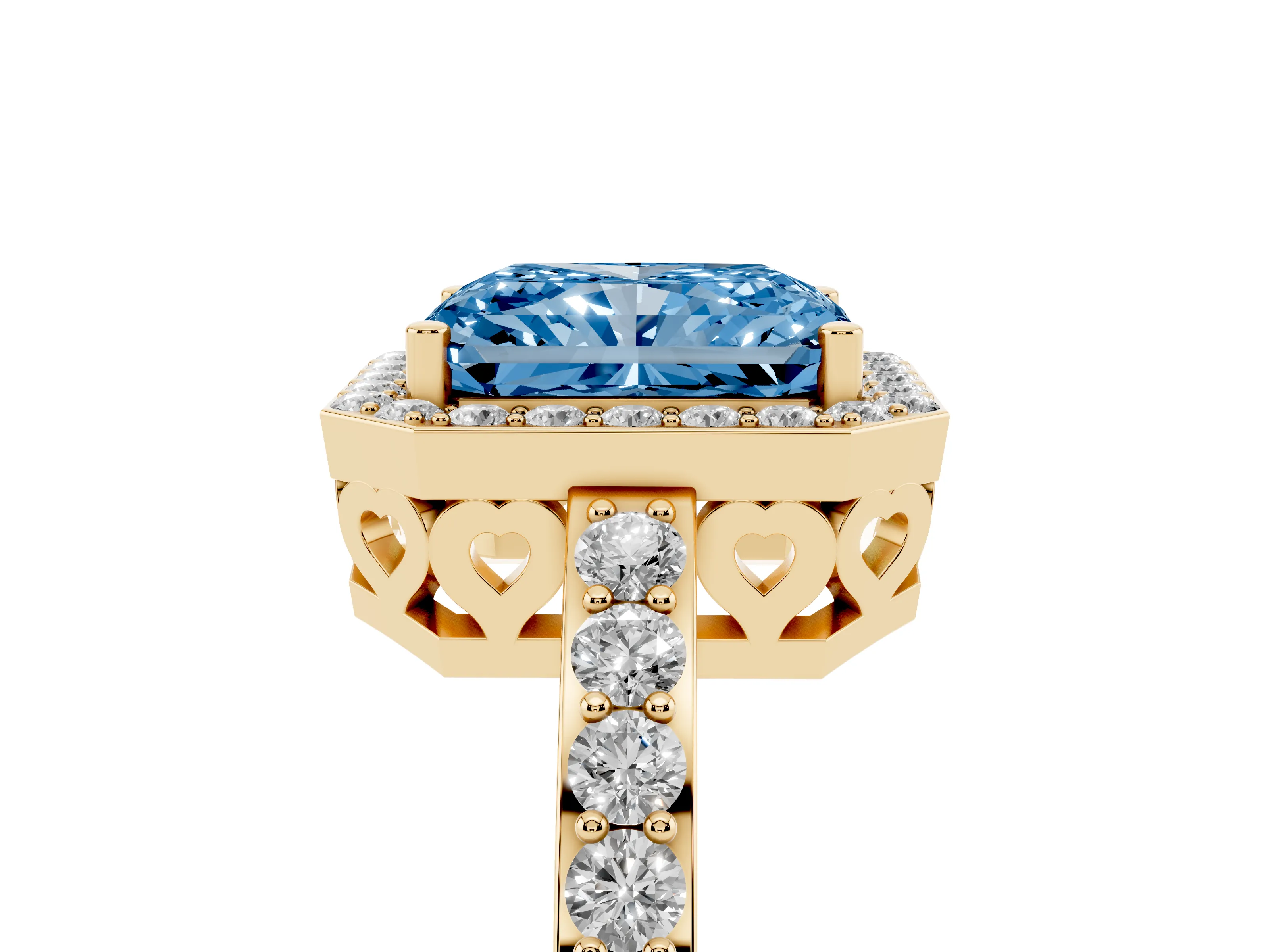 Fancy Blue Radiant Cut Diamond Halo Ring Set in Yellow gold with Pavé-Setting Band and Open Prong Center