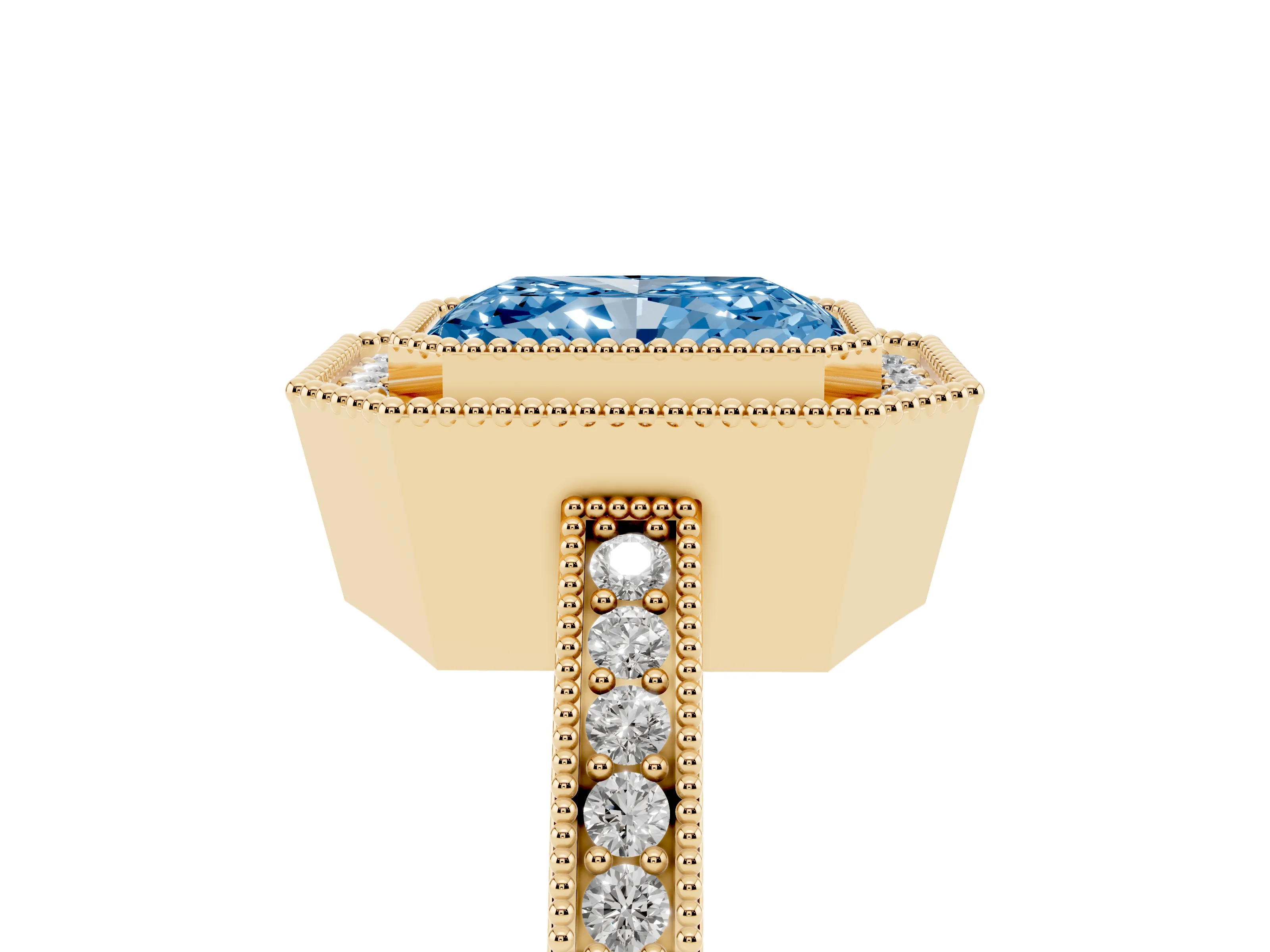 Fancy Blue Radiant Cut Diamond Round Halo Ring Set in Yellow gold with Pavé Band