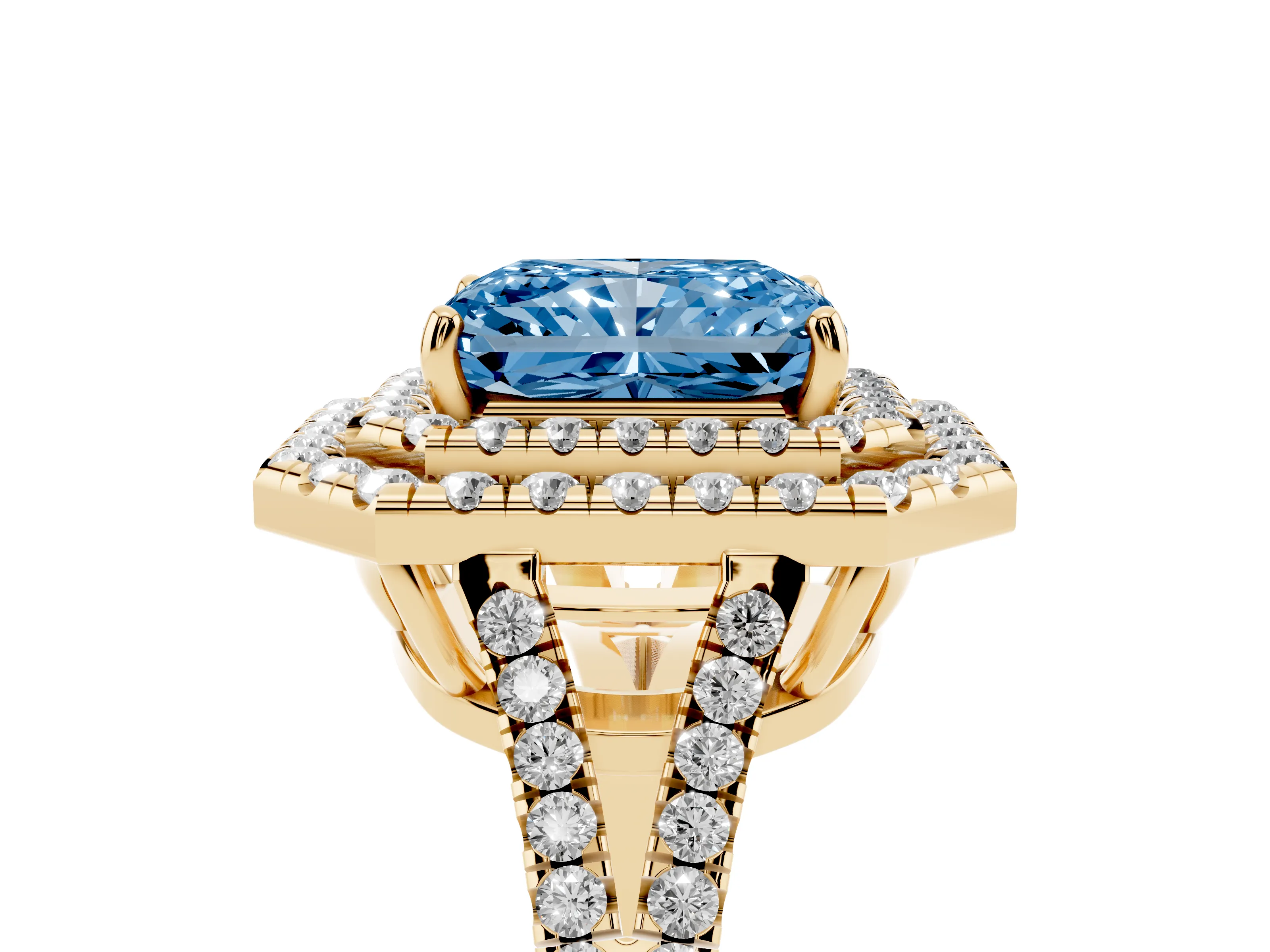 Fancy Blue Radiant Cut Diamond Double Halo Ring Set in Yellow gold with Pavé Band