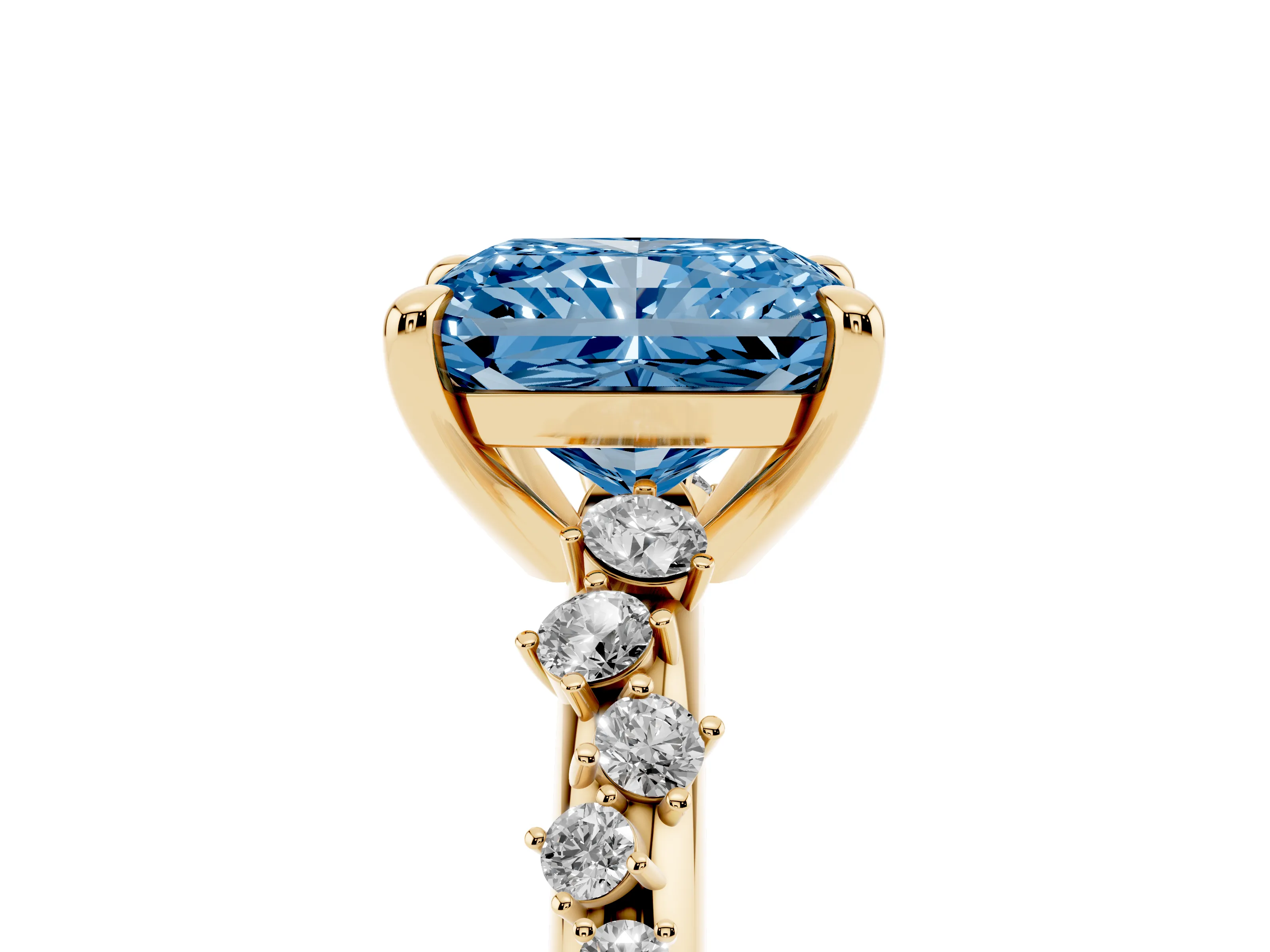 Fancy Blue Radiant Cut Diamond Solitaire Vine Band Ring Set in Yellow gold with Round Accents and Prong Setting