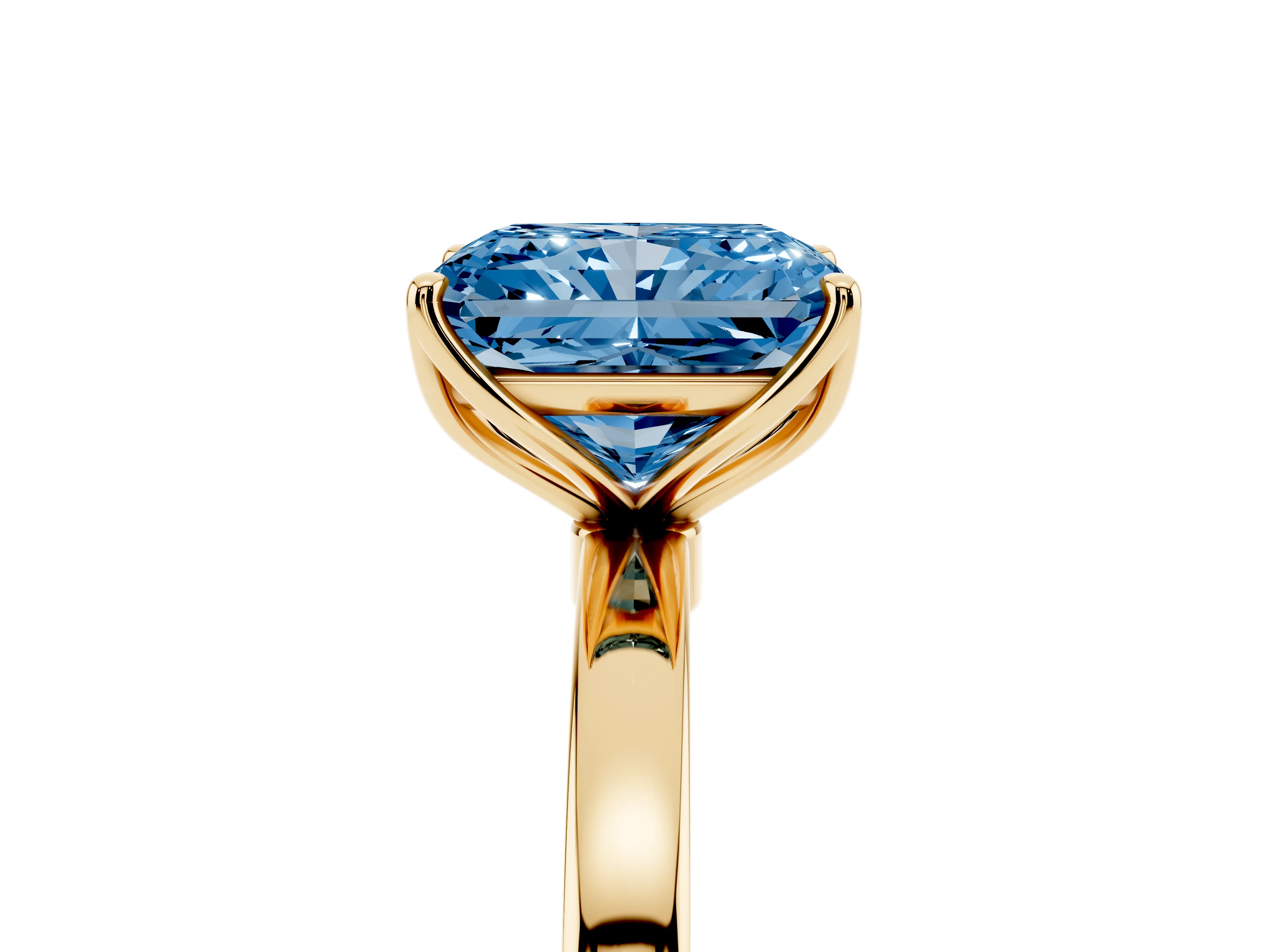 Fancy Blue Radiant Cut Diamond Solitaire Ring Set in Yellow gold with Prong Setting and Thin Polished Band