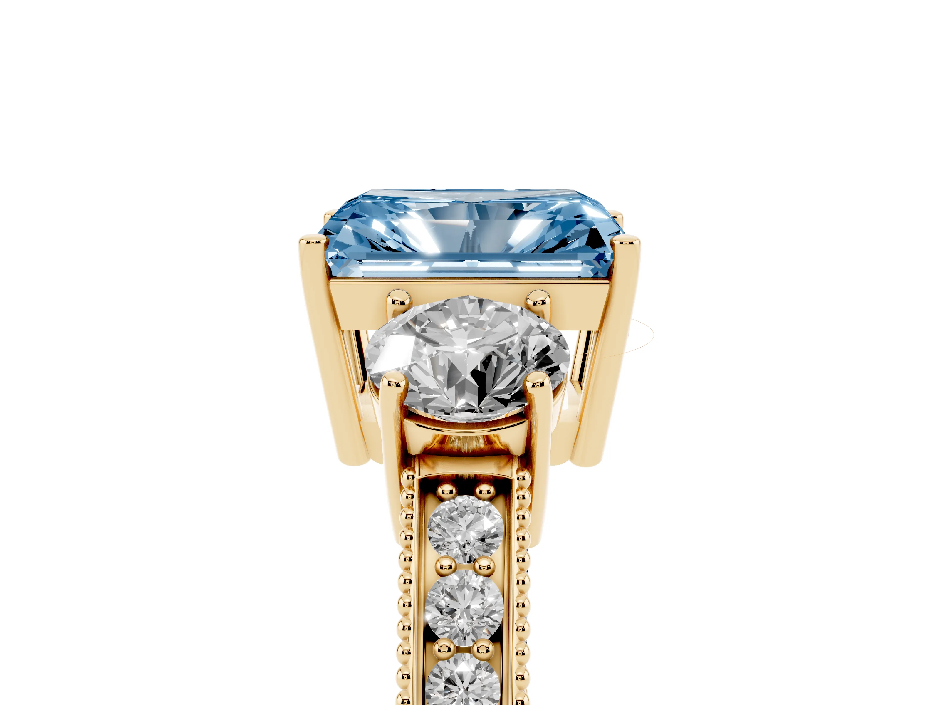Fancy Blue Radiant Cut Diamond Three-Stone Ring Set in Yellow gold with Round Side Stones and Pavé Band