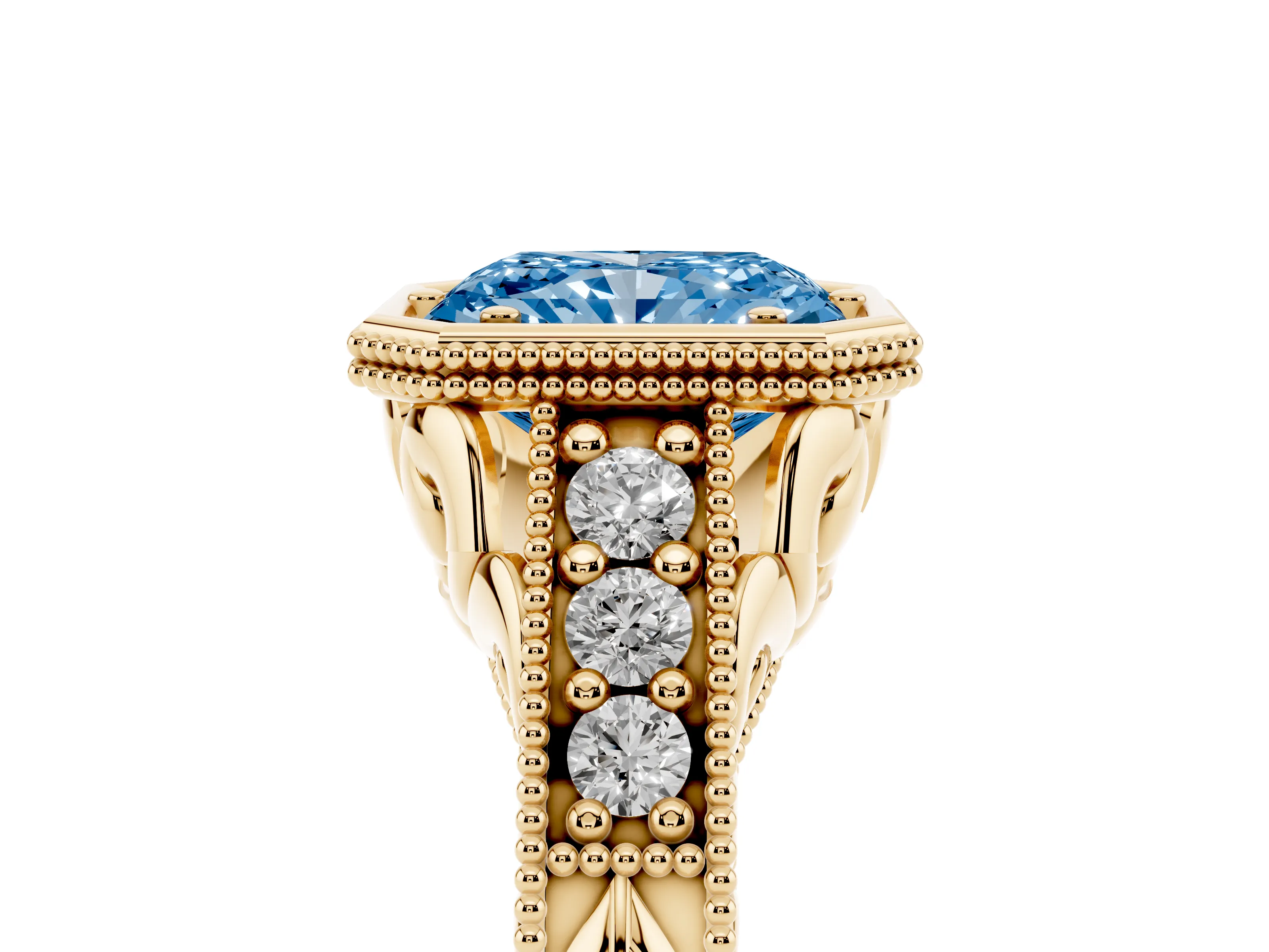 Fancy Blue Bezel Set Radiant Cut Diamond Milgrain Pavé Engagement Ring Set in Yellow gold