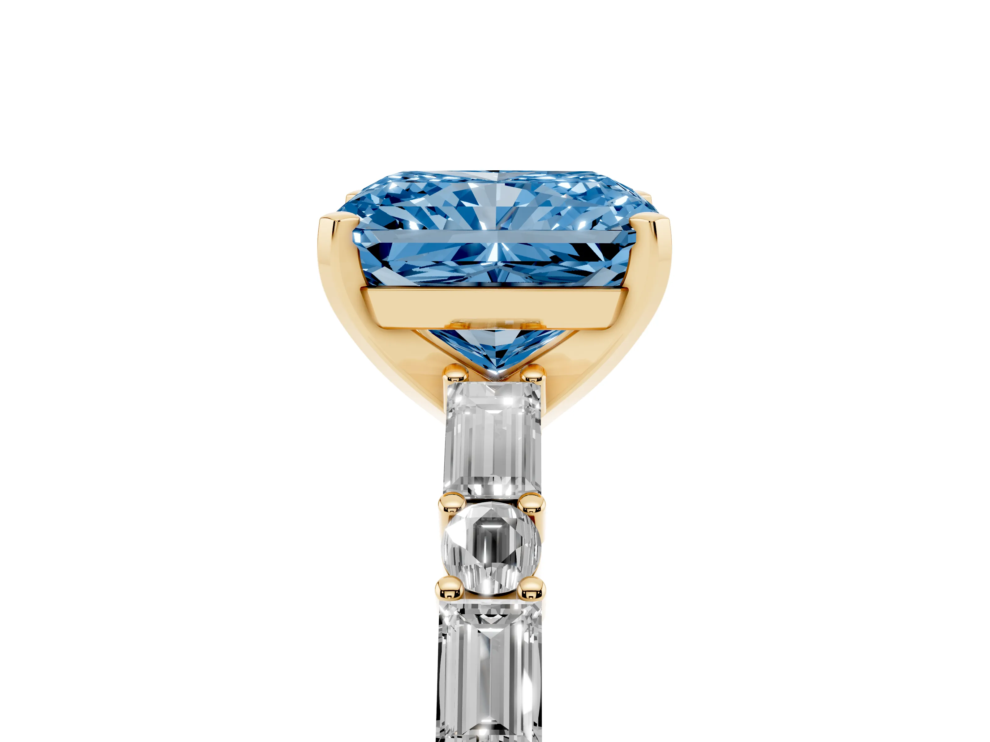 Fancy Blue Radiant Cut Diamond Solitaire Set in Yellow gold with Side Baguettes and Channel Set Band