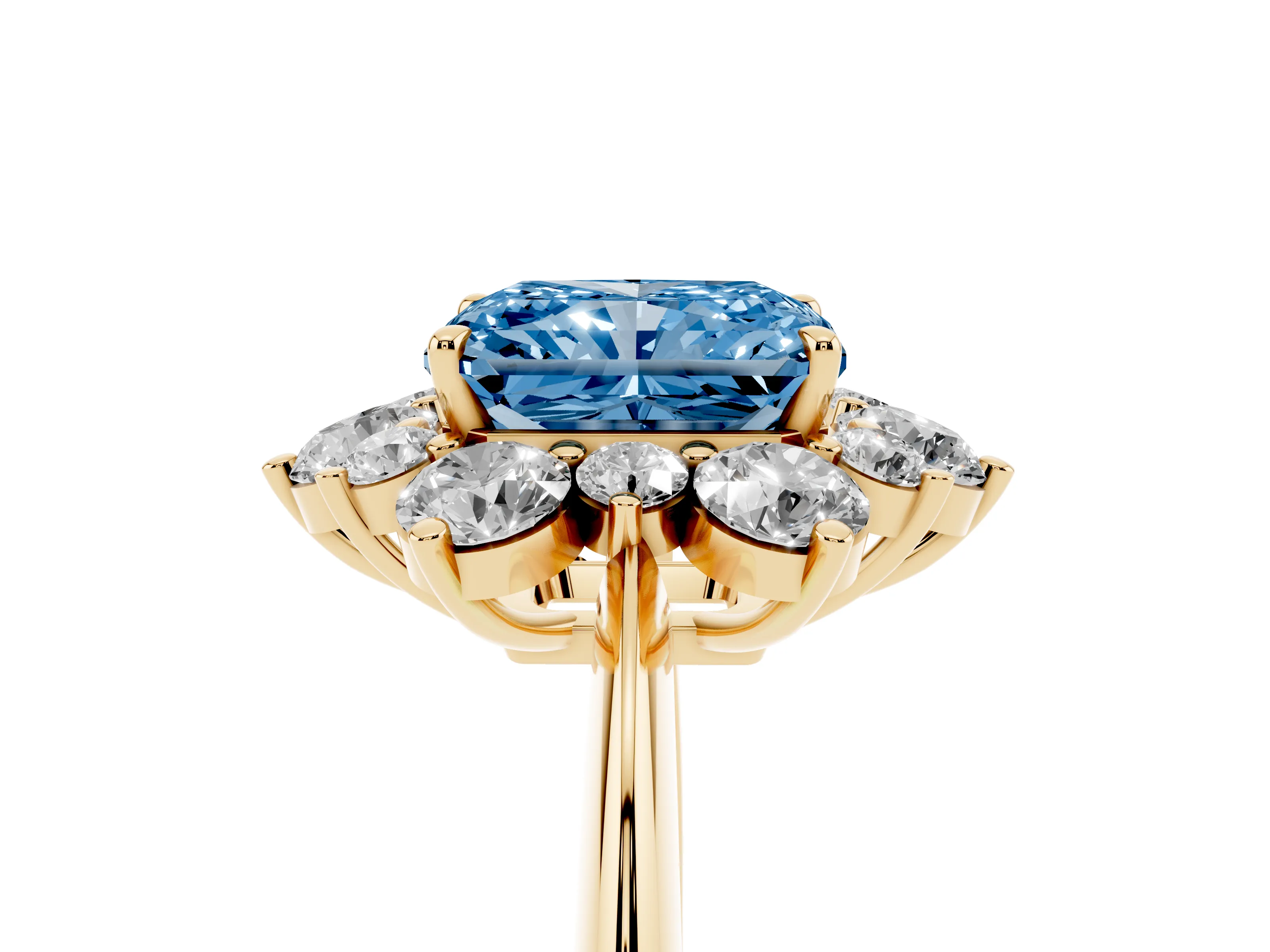 Fancy Blue Radiant Cut Diamond Cluster Halo Ring Set in Yellow gold with Solitaire Band and Prong Setting