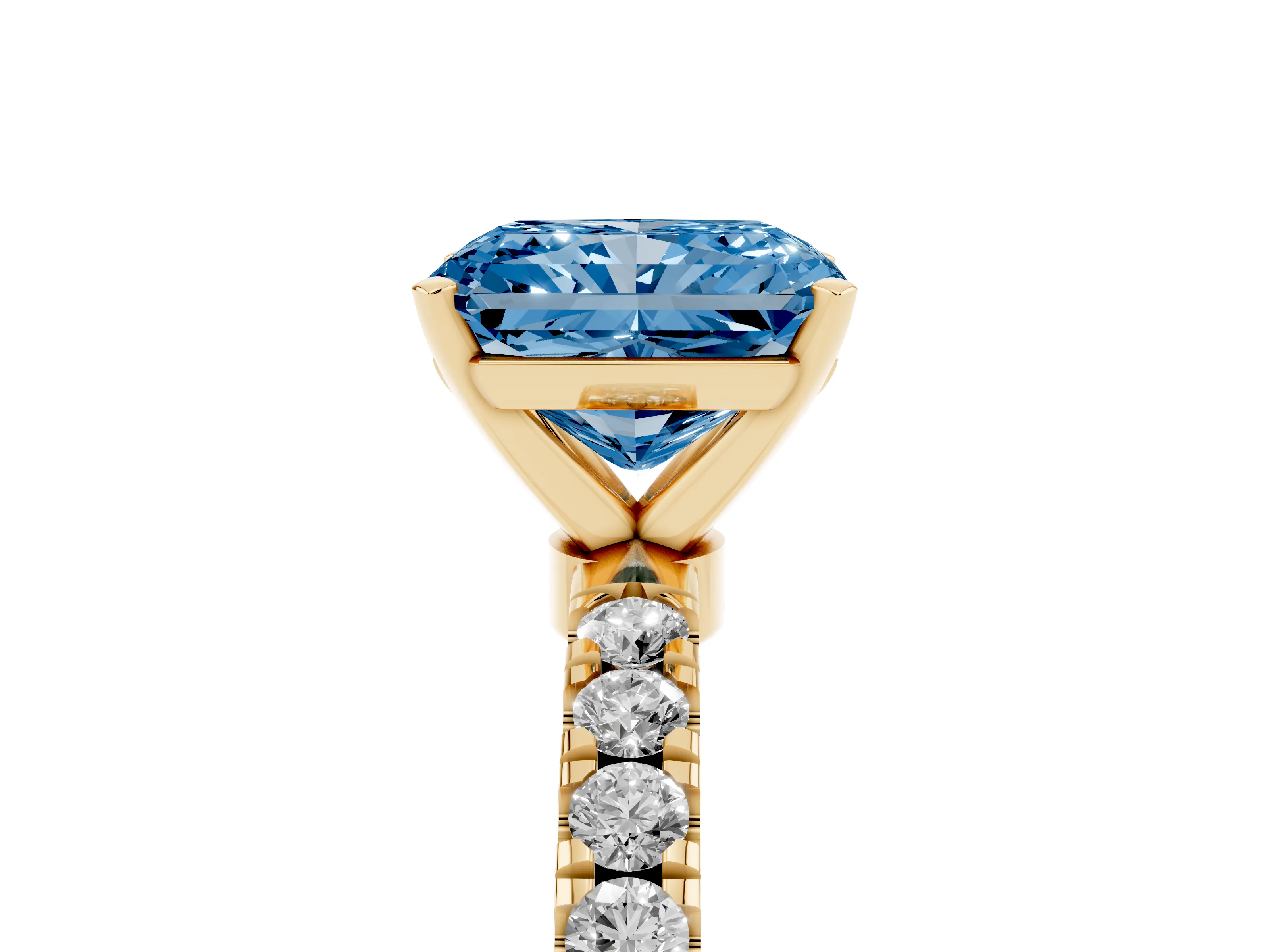 Fancy Blue Radiant Cut Diamond Solitaire Ring Set in Yellow gold with Pavé Accents and Prong Setting