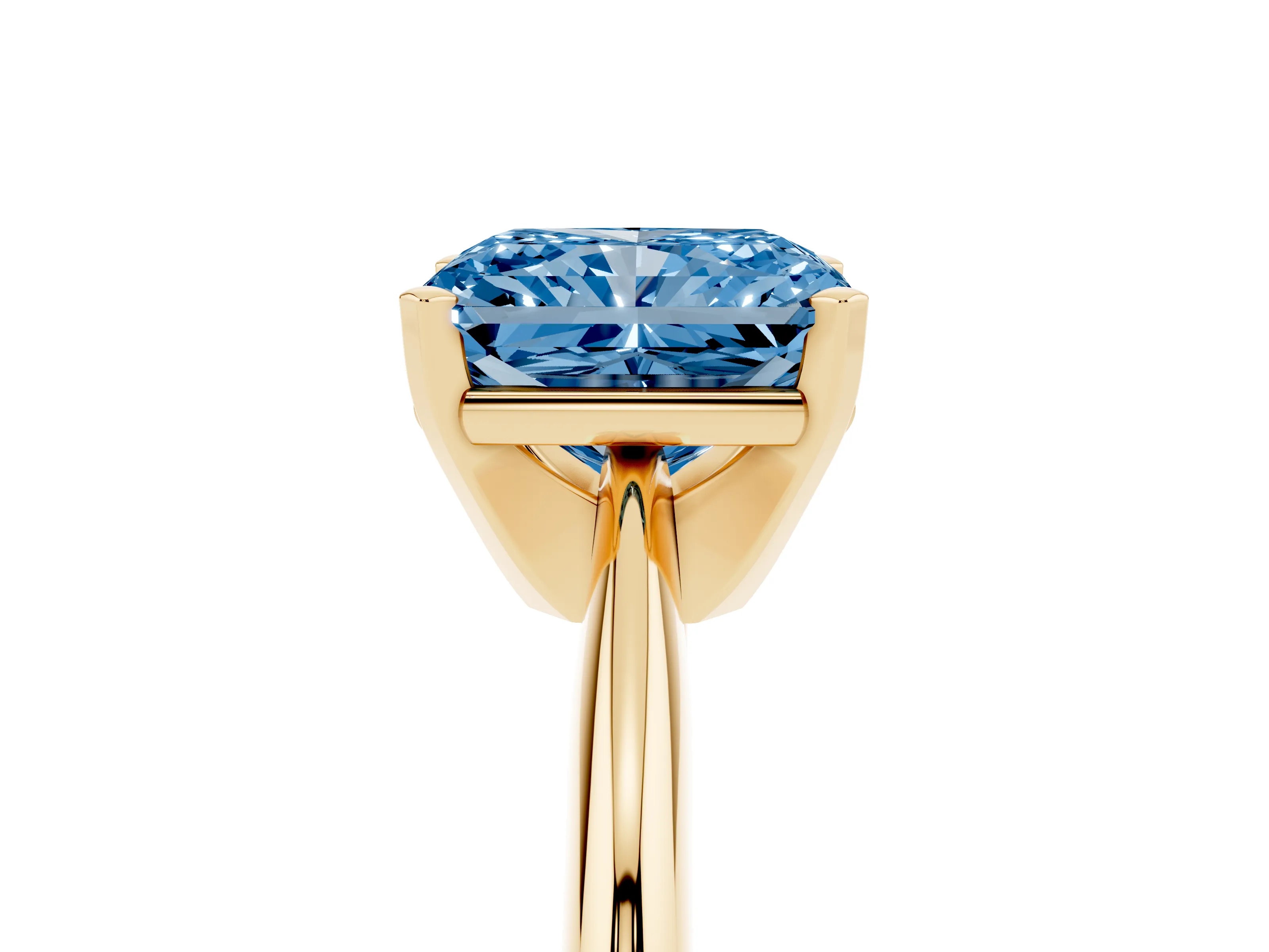 Fancy Blue Radiant Cut Diamond Solitaire Ring Set in Yellow gold with Prong Setting on a Plain Round Band