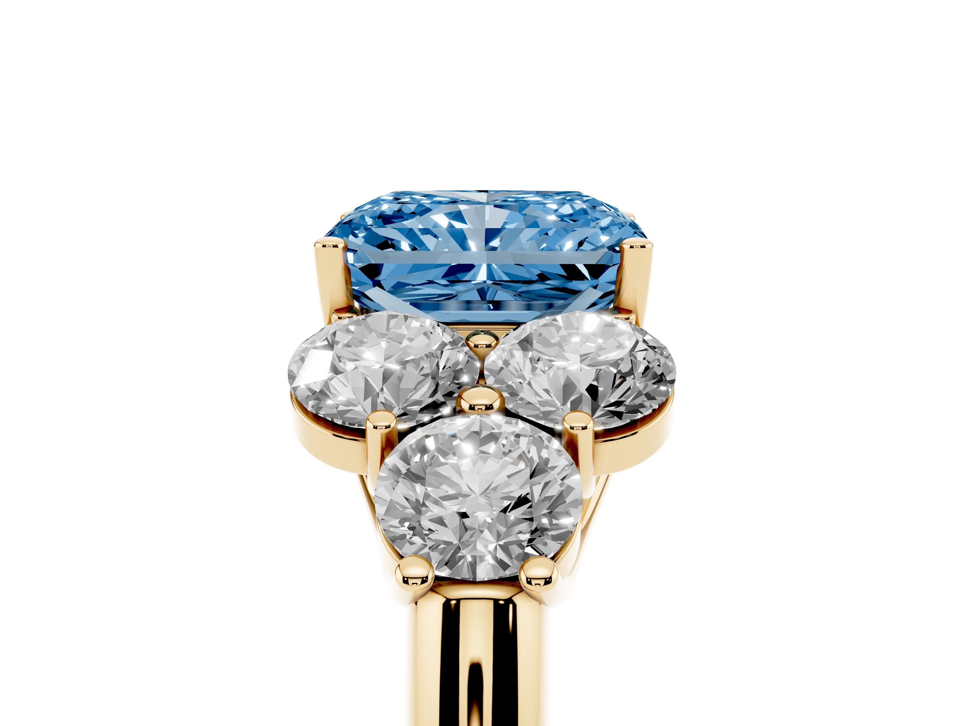 Fancy Blue Radiant Cut Diamond Cluster Ring Set in Yellow gold with Round Accent Stones and Prong Setting on a Plain Band