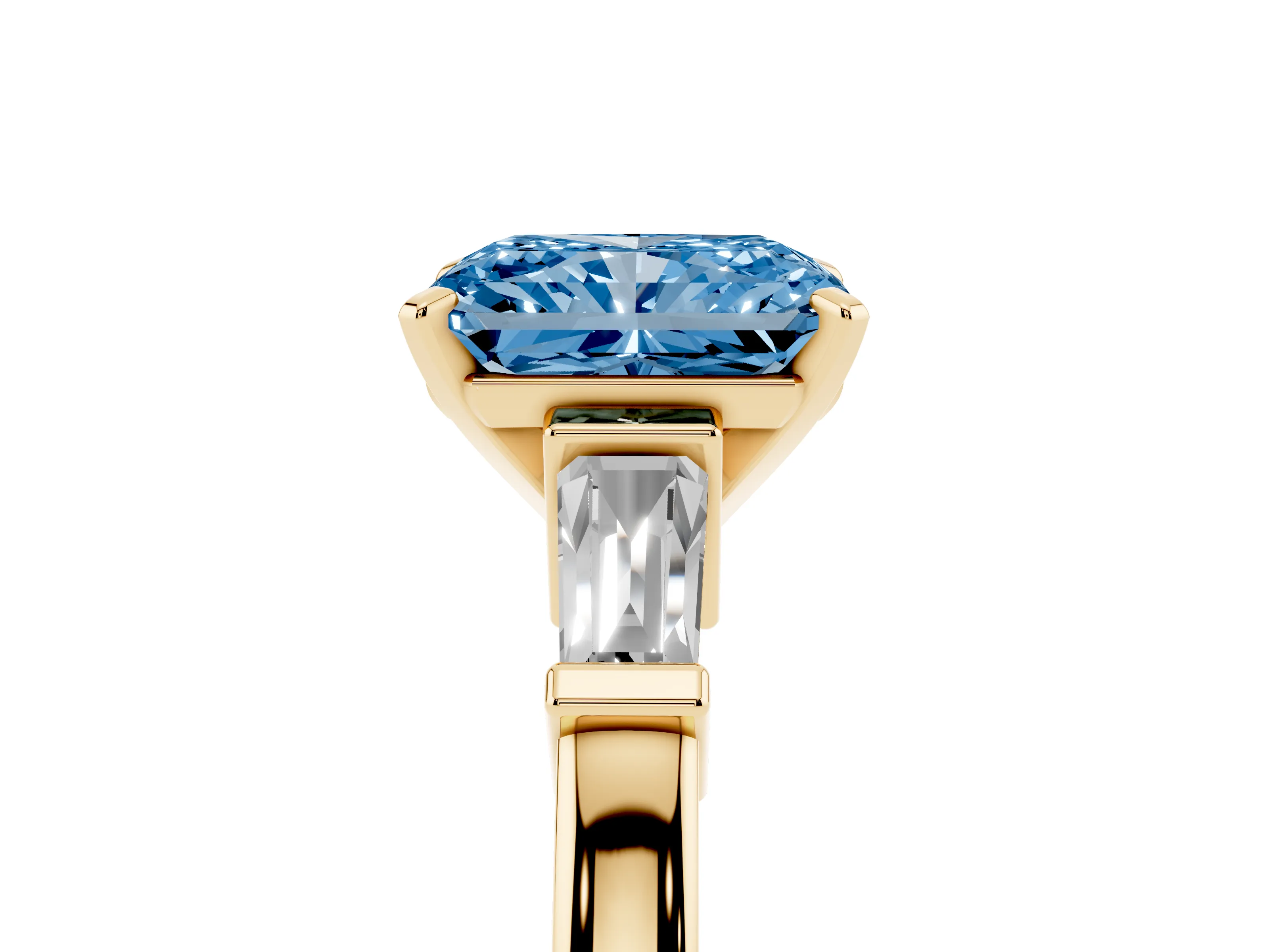 Fancy Blue Radiant Cut Diamond Solitaire Ring Set in Yellow gold with Tapered Baguette Accents and Prong Setting