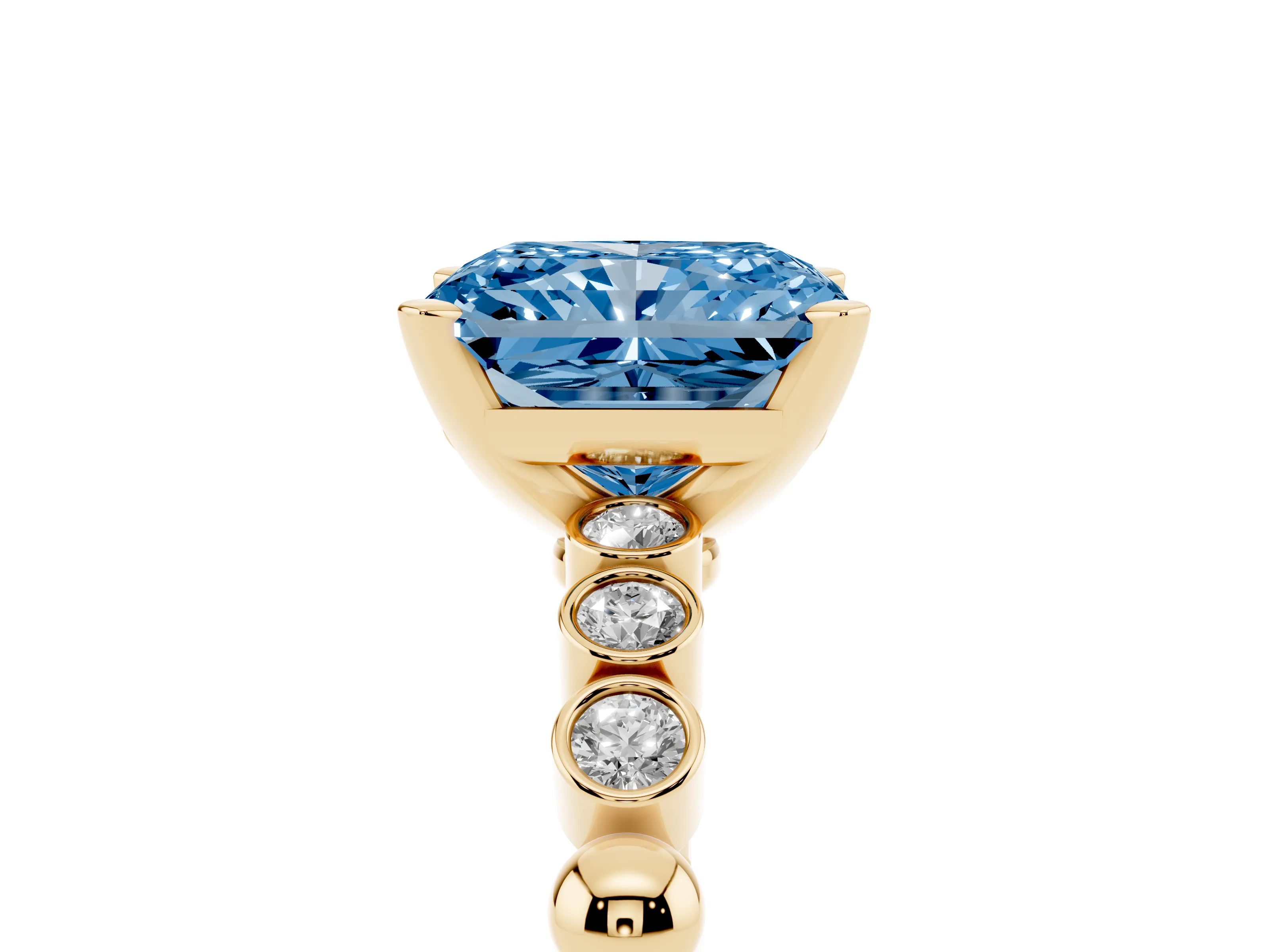 Fancy Blue Radiant Cut Diamond Solitaire Engagement Ring Set in Yellow gold with Bezel Accents on Beaded Band