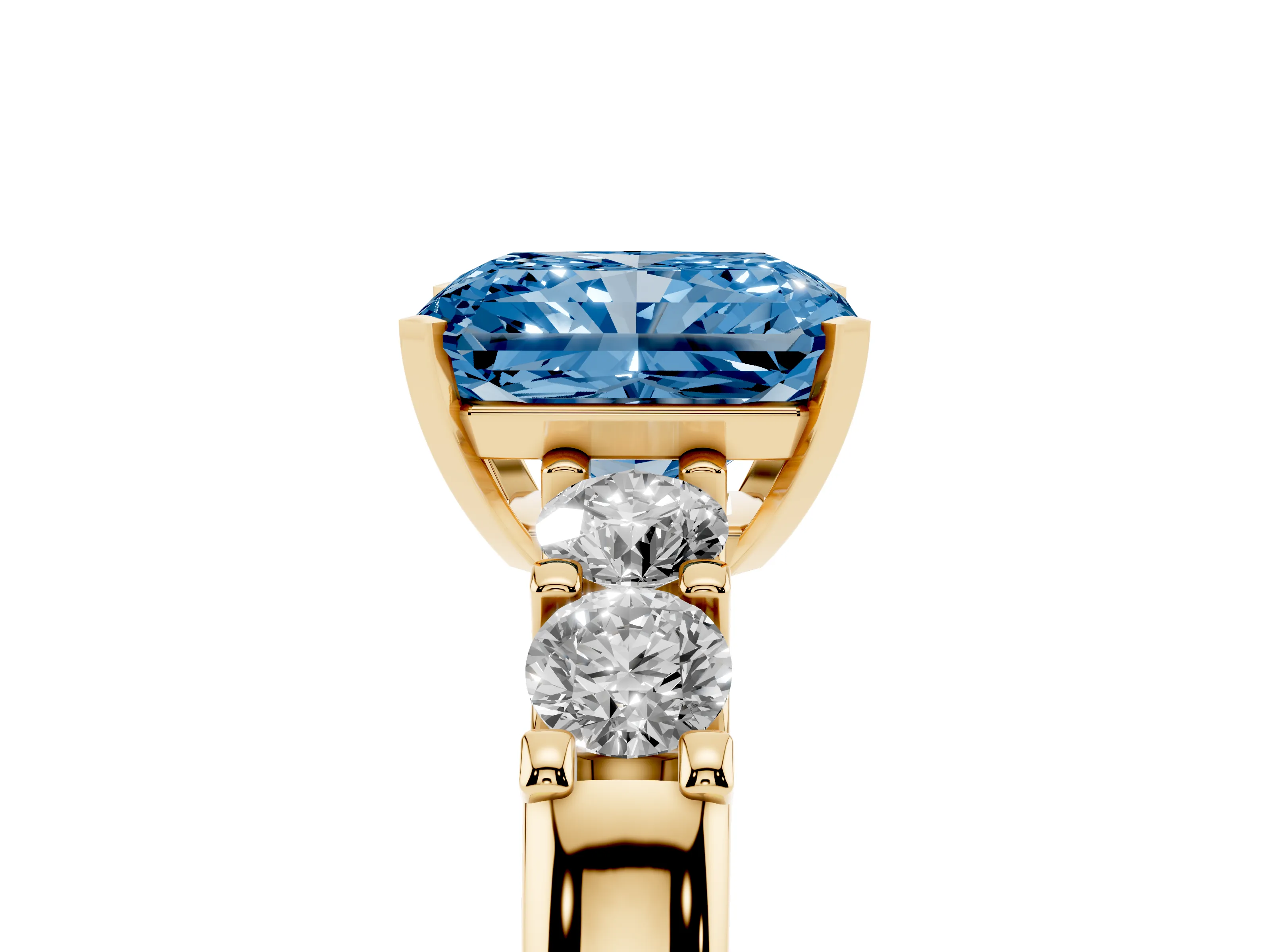 Fancy Blue Radiant Cut Diamond Five-Stone Prong Set Engagement Ring Set in Yellow gold with Channel Band