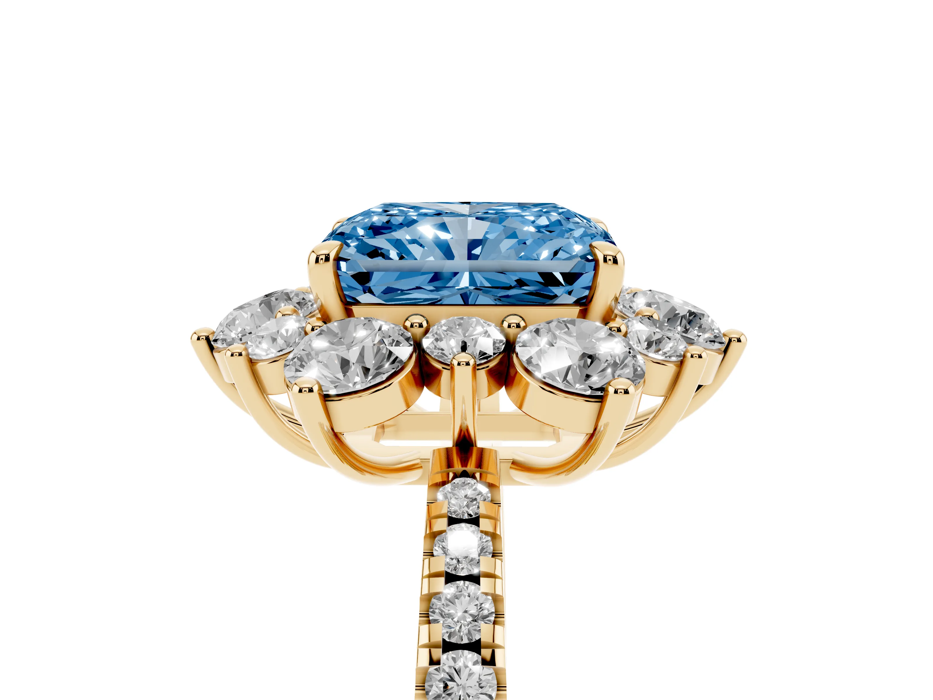 Fancy Blue Radiant Cut Diamond Floral Halo Ring Set in Yellow gold with Round Pavé Band and Prong Setting