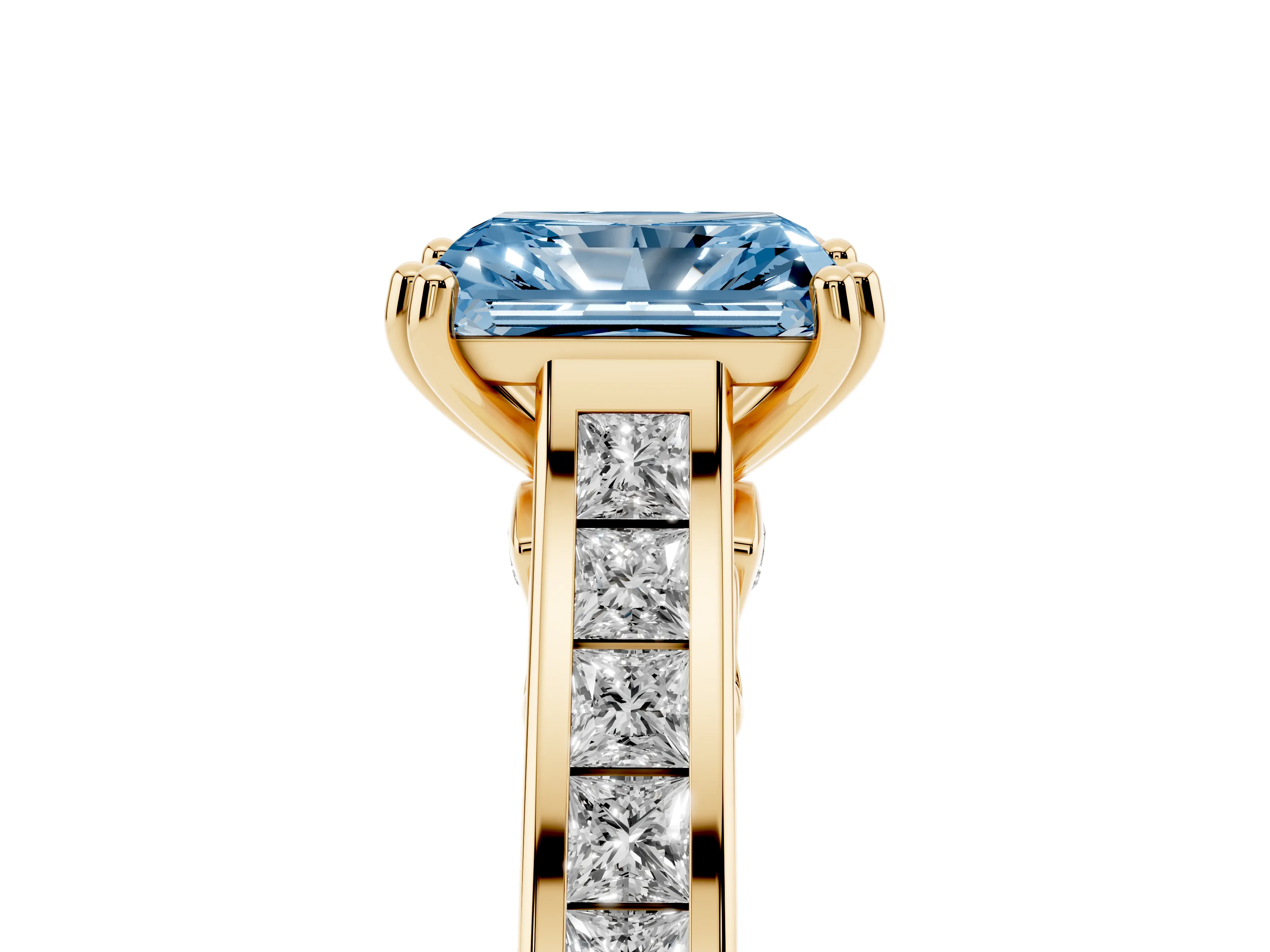 Fancy Blue Radiant Cut Diamond Channel Set Solitaire Engagement Ring Set in Yellow gold with Prong Setting