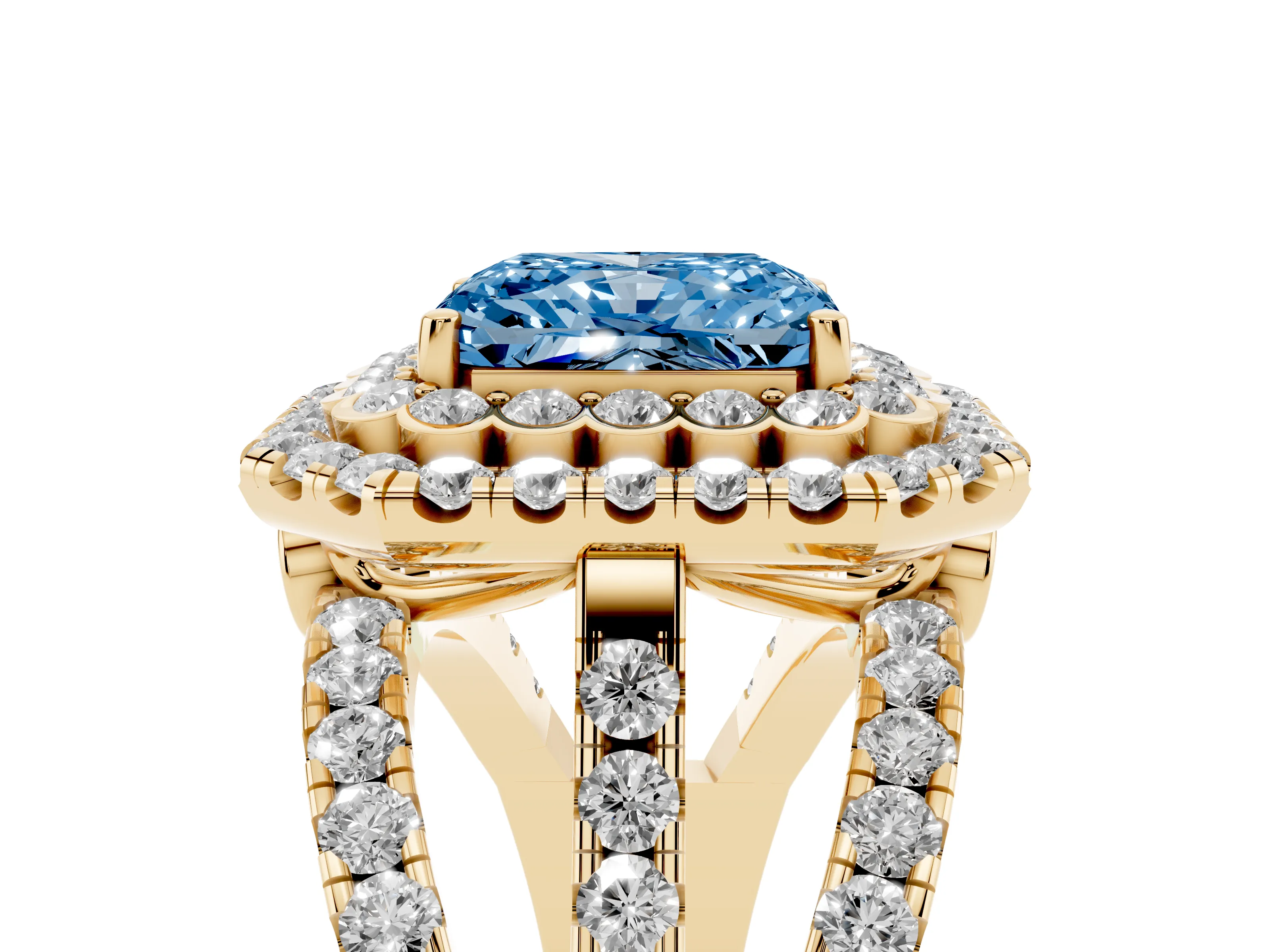 Fancy Blue Radiant Cut Diamond Double Halo Ring Set in Yellow gold with Round Pavé Split Shank