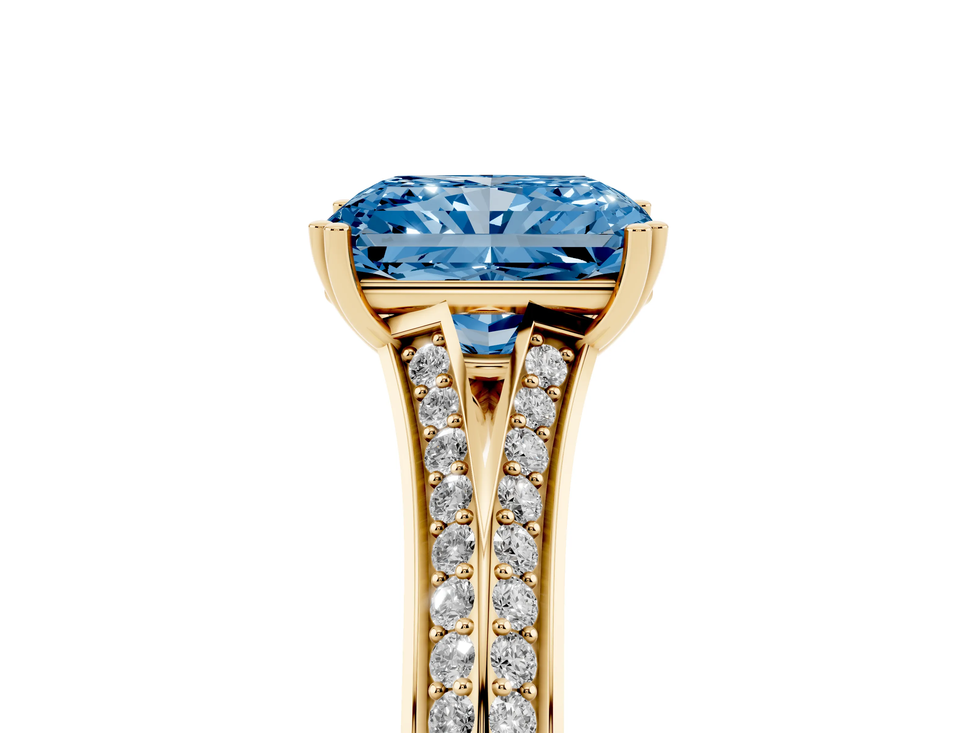 Fancy Blue Radiant Cut Diamond Split Shank Pavé Engagement Ring Set in Yellow gold with Prong-Set Center Stone