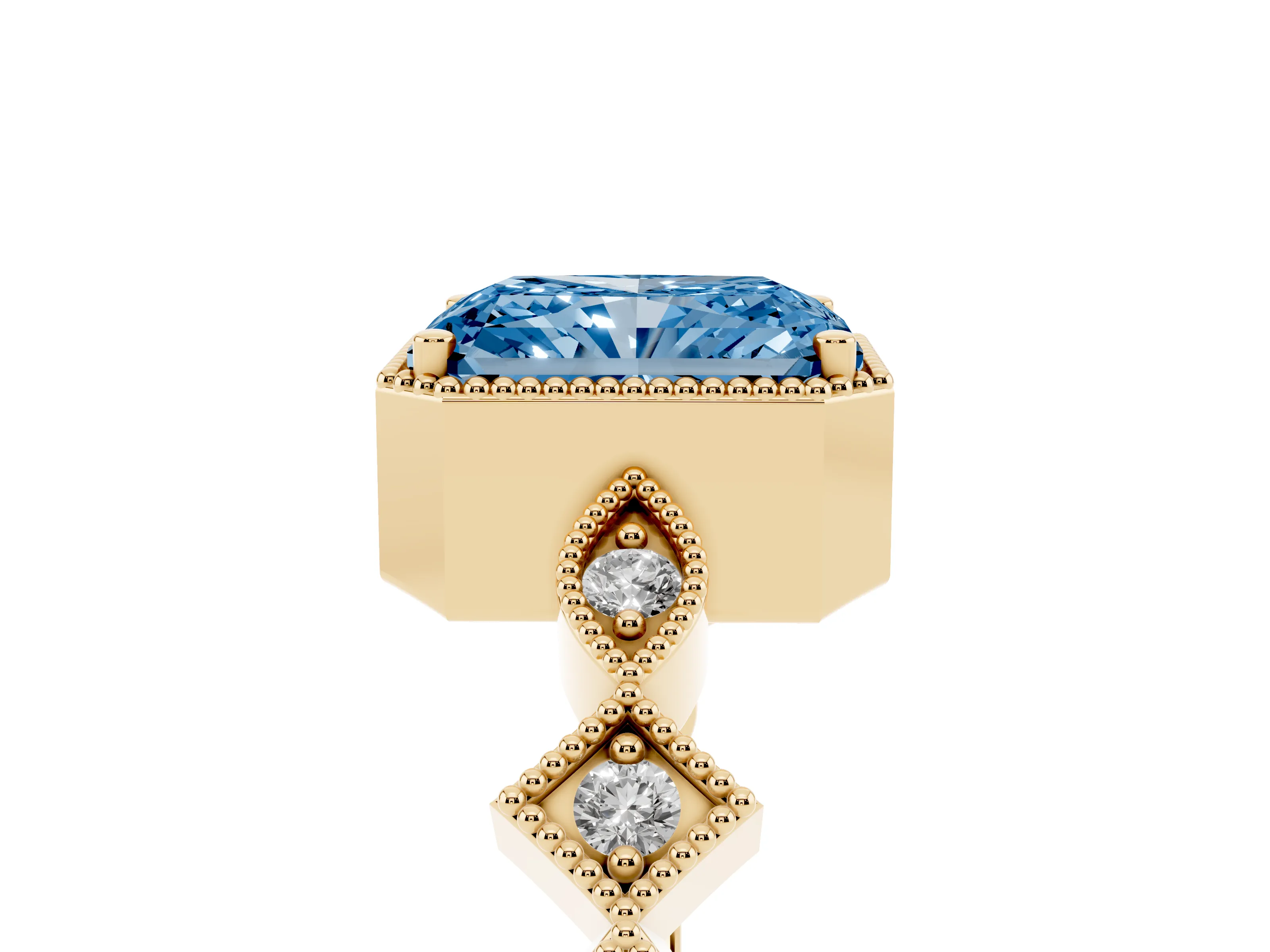 Fancy Blue Radiant Cut Diamond Milgrain Marquise Twist Band Ring Set in Yellow gold with Prong Setting