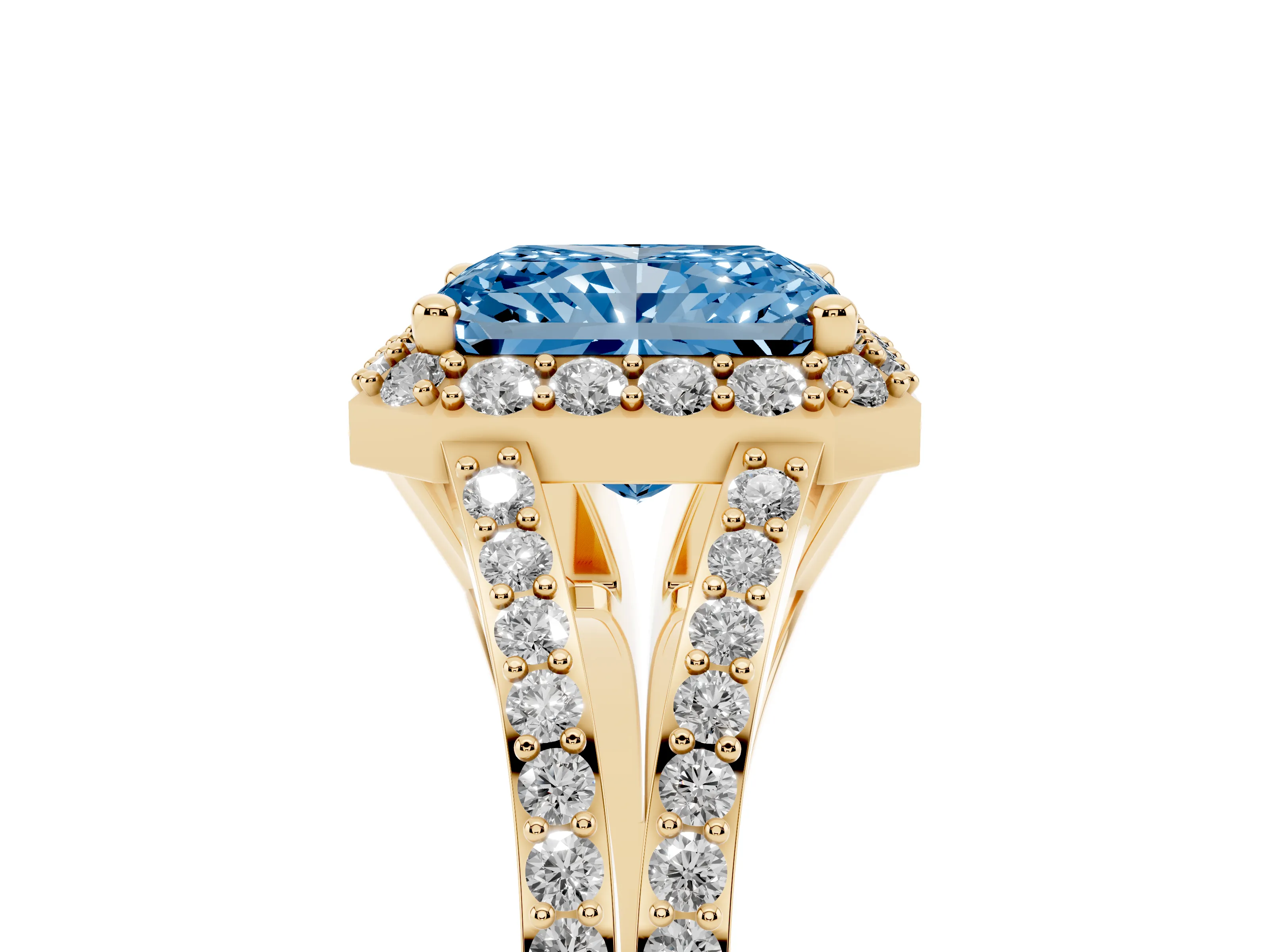 Fancy Blue Radiant Cut Diamond Halo Split Shank Pavé Ring Set in Yellow gold with Prong Setting