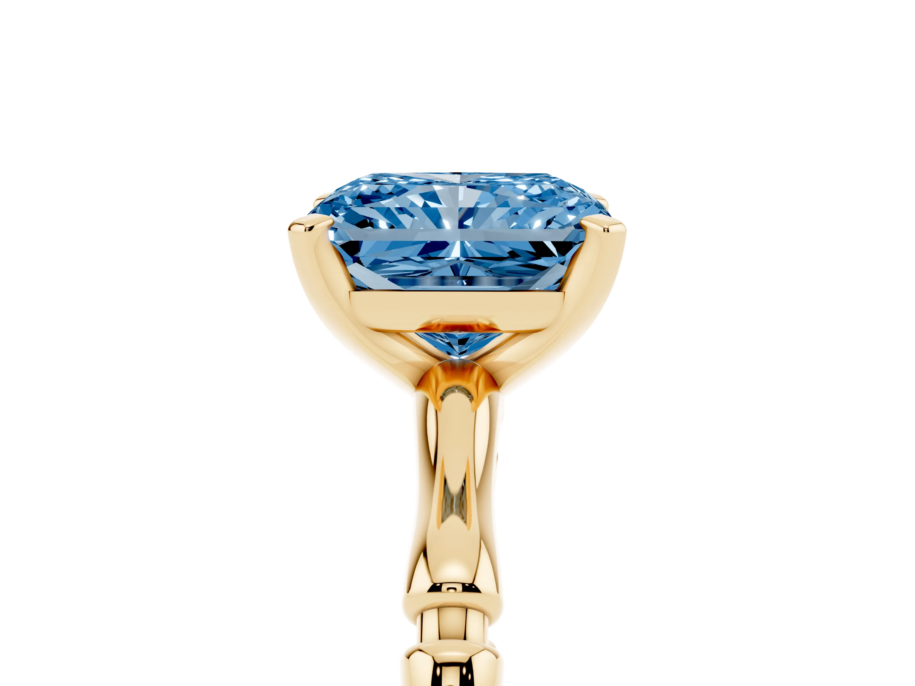 Fancy Blue Radiant Cut Diamond Solitaire Ring Set in Yellow gold with Bamboo Band and Prong Setting