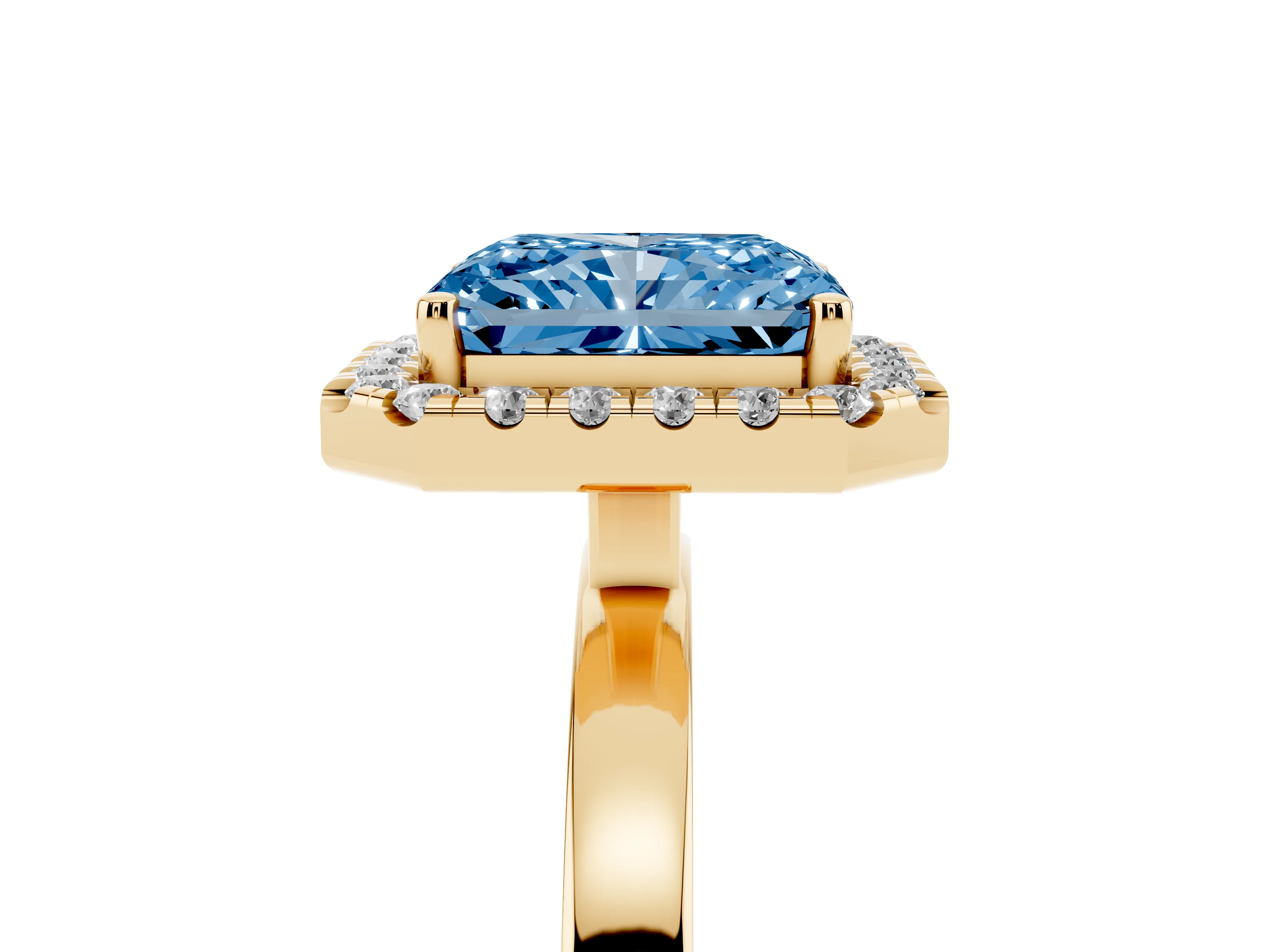 Fancy Blue Radiant Cut Diamond Halo Solitaire Ring Set in Yellow gold with Pavé Band and Prong Setting