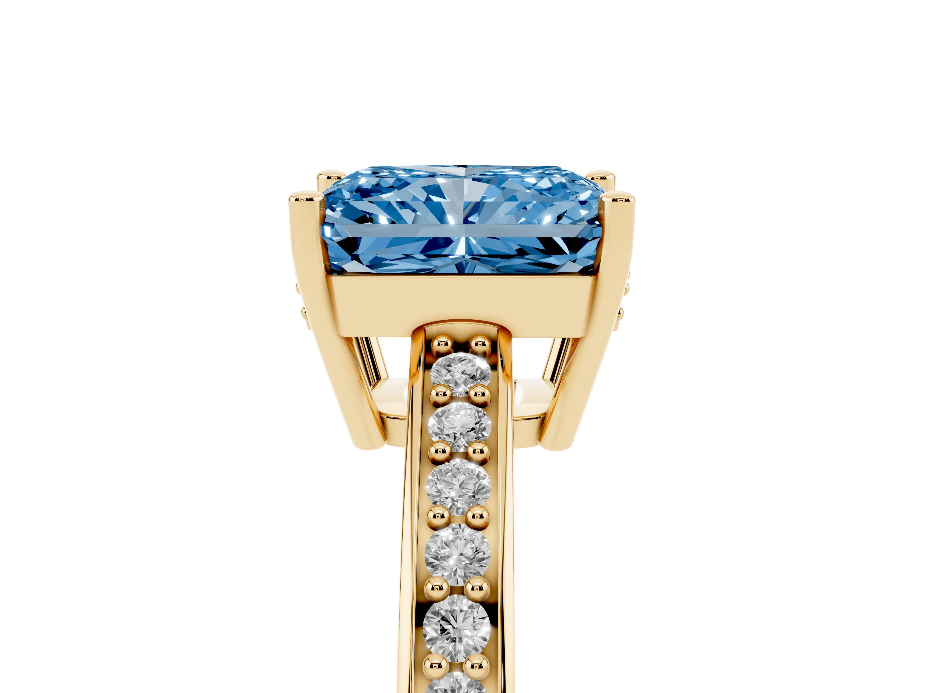 Fancy Blue Radiant Cut Diamond Pavé Band Prong Set Solitaire Ring Set in Yellow gold