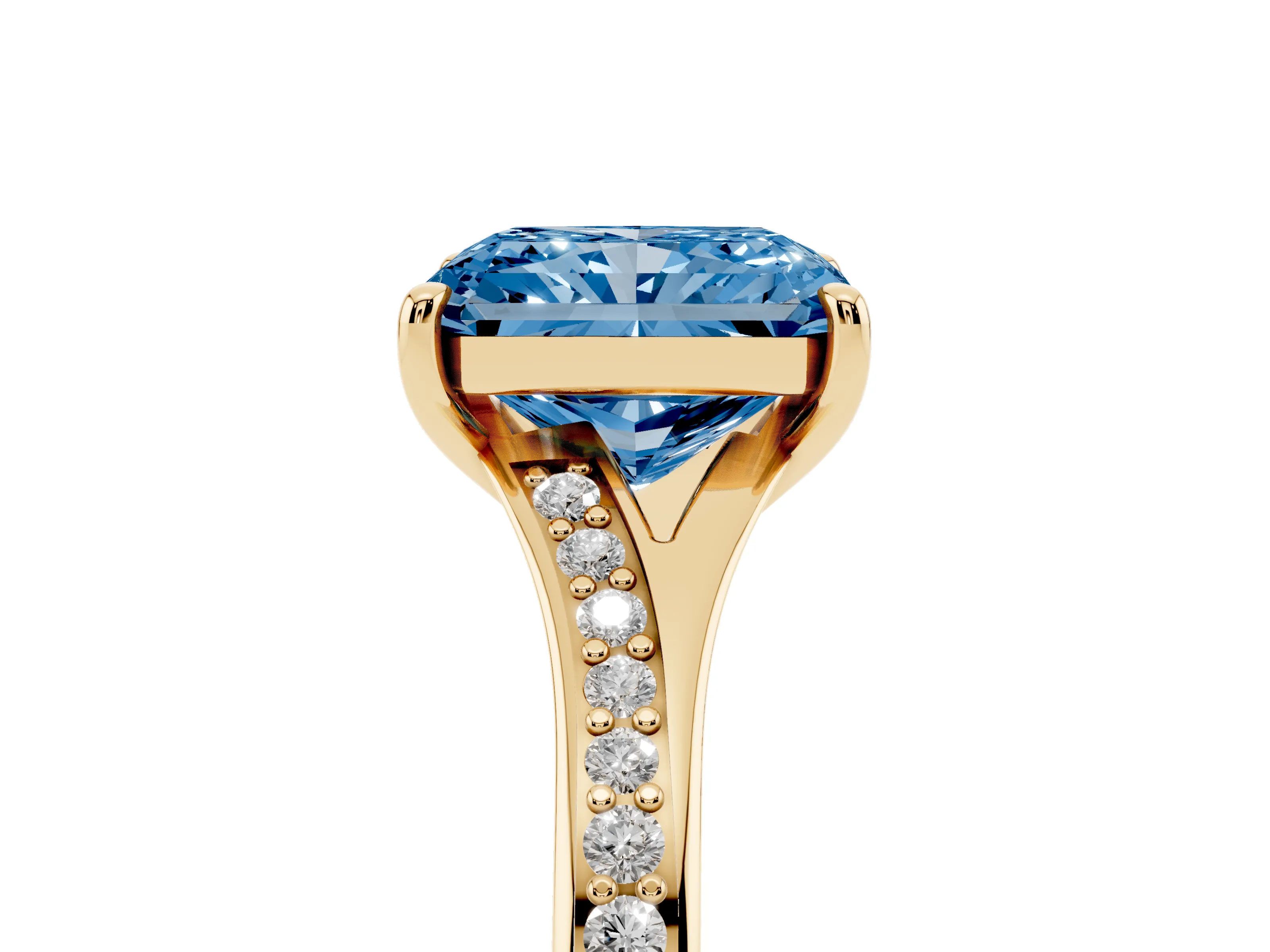 Fancy Blue Radiant Cut Diamond Solitaire Ring Set in Yellow gold with Pavé Accent Band and Classic Prong Setting