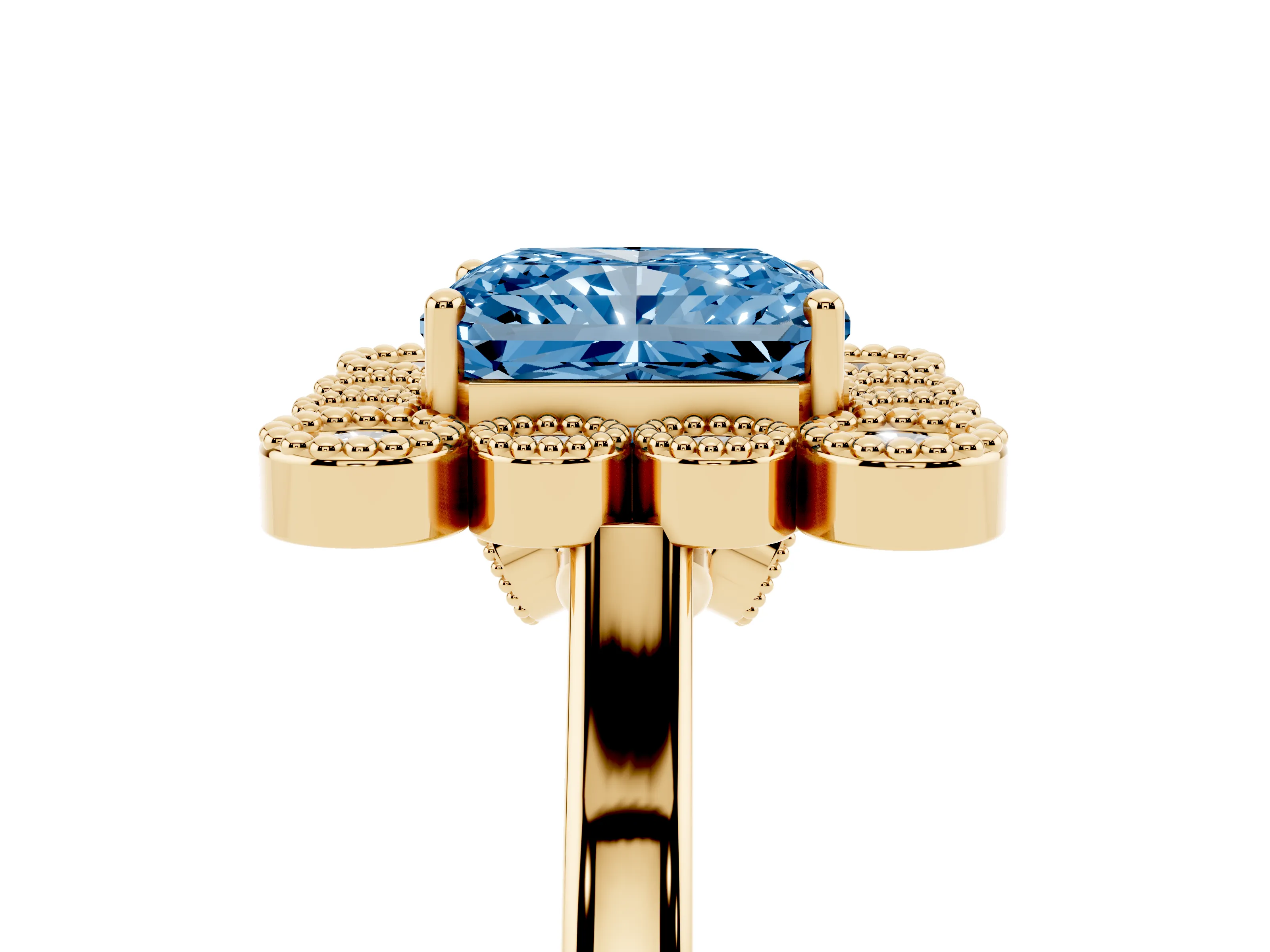 Fancy Blue Radiant Cut Diamond Cluster Halo Ring Set in Yellow gold with Milgrain Bezel Accents and Plain Band