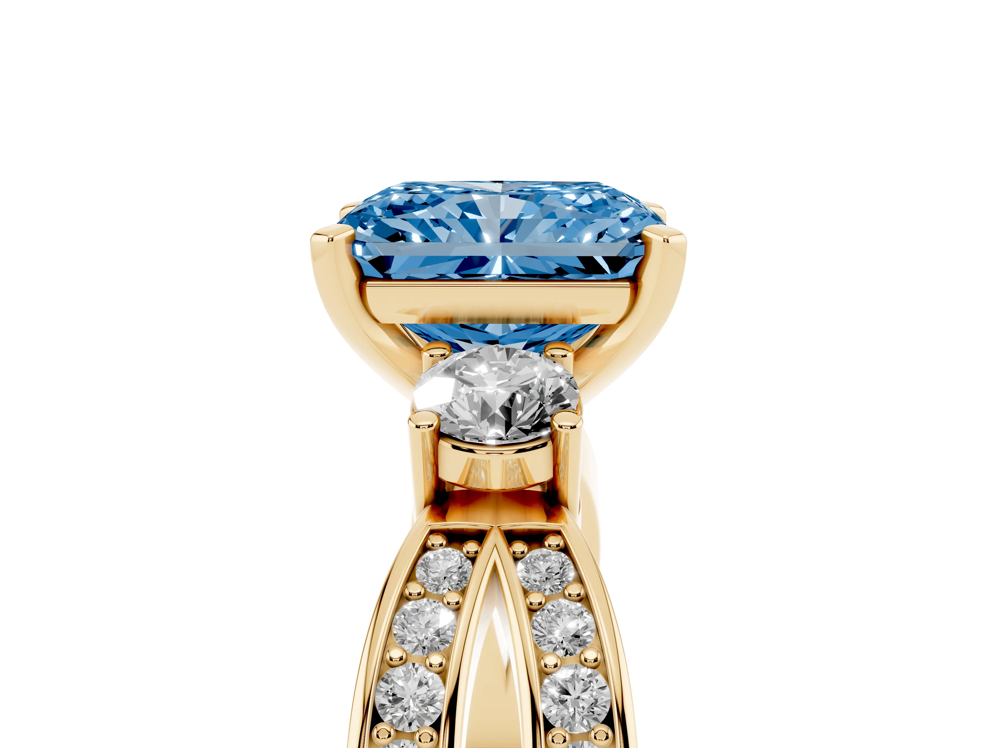 Fancy Blue Three-Stone Radiant Cut Diamond Twist Band Ring Set in Yellow gold with Pavé Accents and Prong Setting