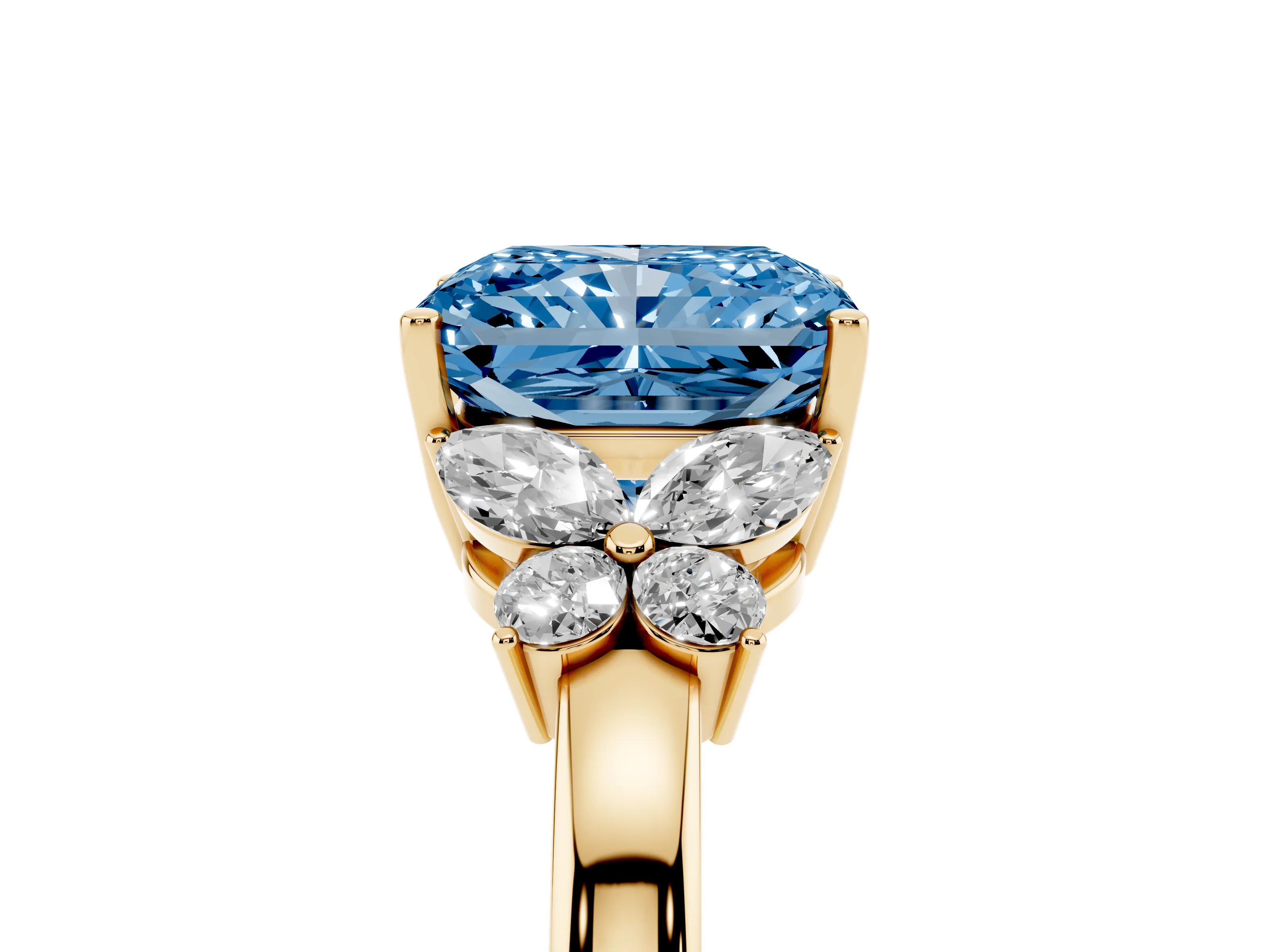 Fancy Blue Radiant Cut Diamond Solitaire Floral Ring Set in Yellow gold with Marquise Petals and Prong Setting