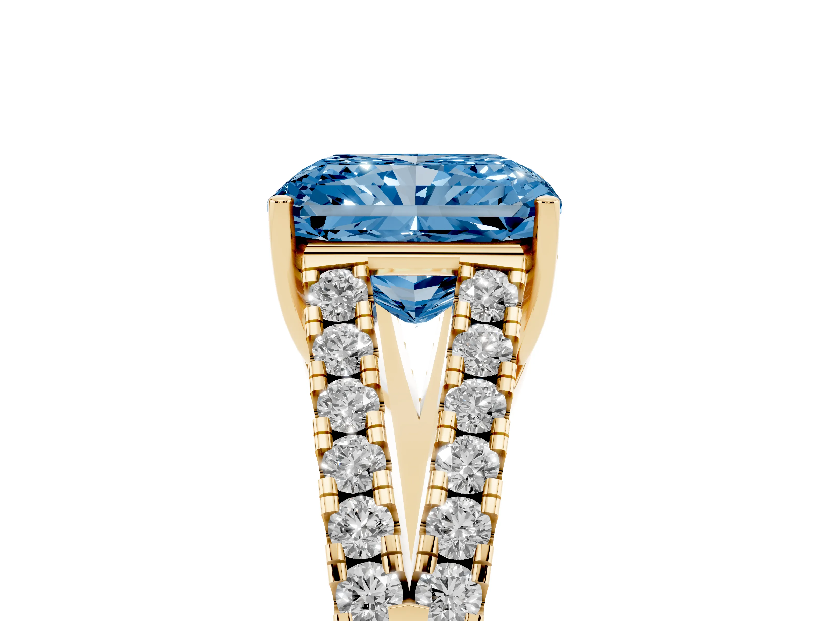 Fancy Blue Radiant Cut Diamond Split Shank Pavé Engagement Ring Set in Yellow gold with Prong-Held Center Stone