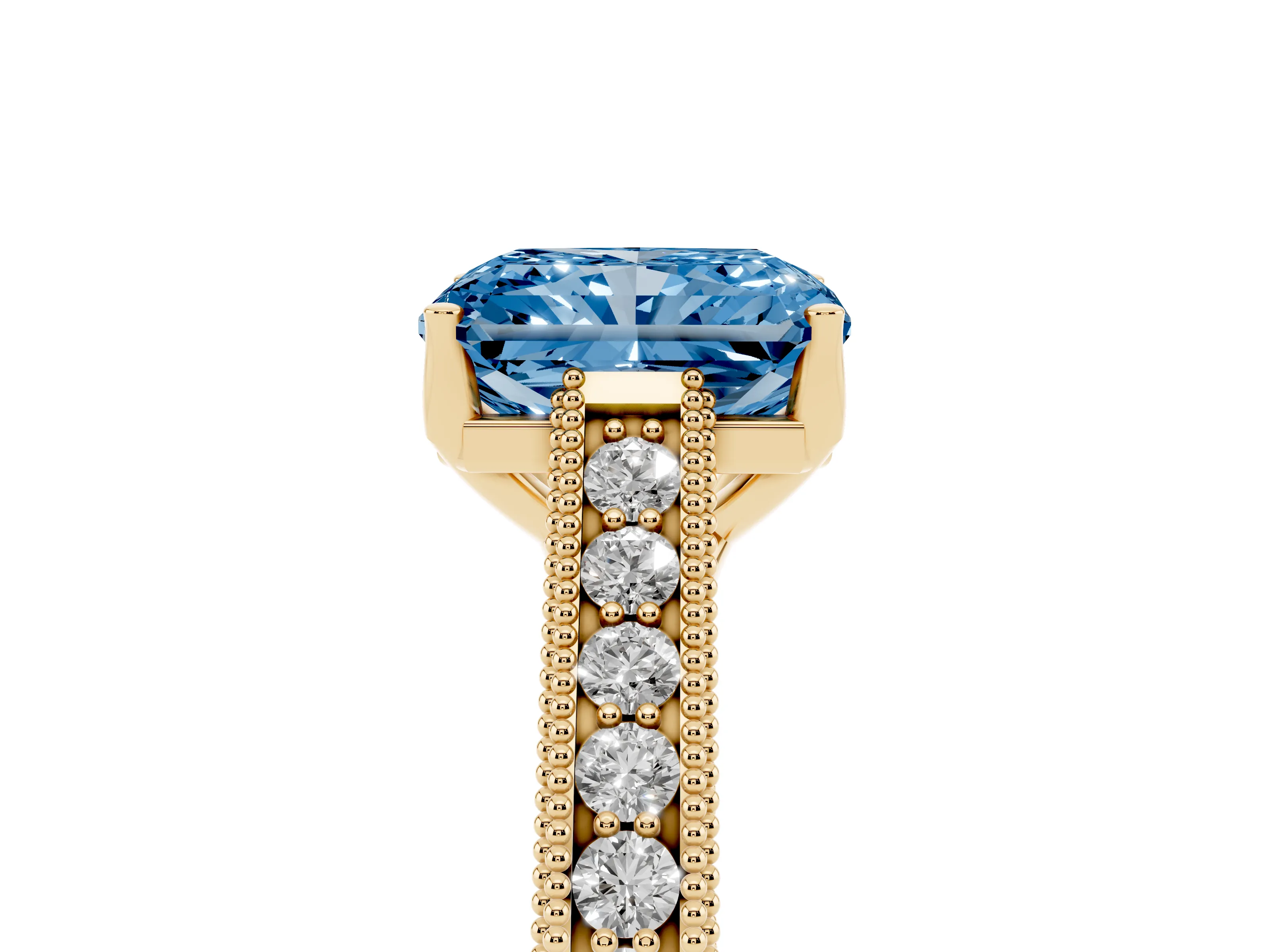 Fancy Blue Radiant Cut Diamond Milgrain Pavé Band Solitaire Ring Set in Yellow gold with Prong Setting