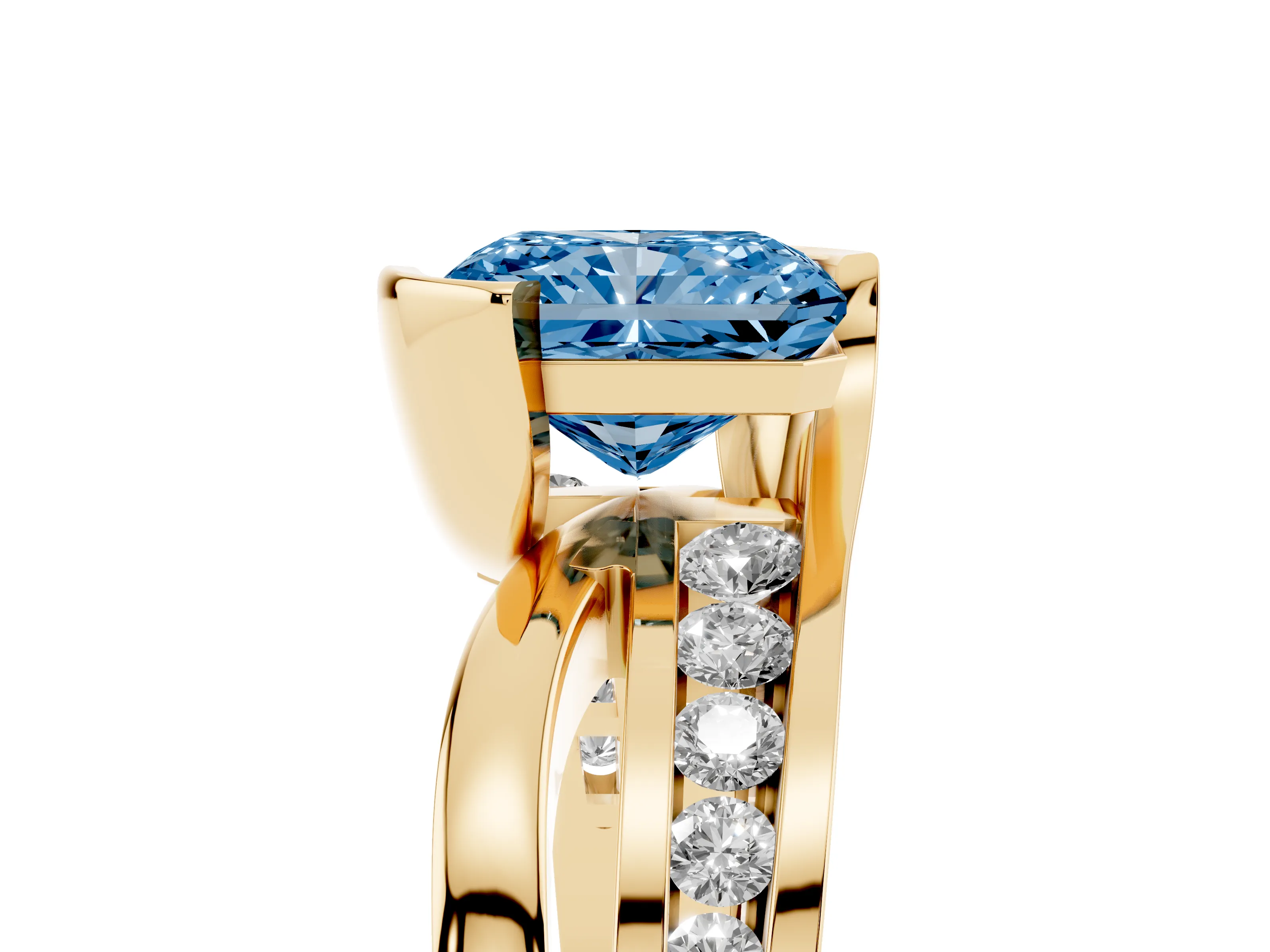Fancy Blue Radiant Cut Diamond Solitaire Ring Set in Yellow gold with Channel Set Split Shank and Tension Prongs