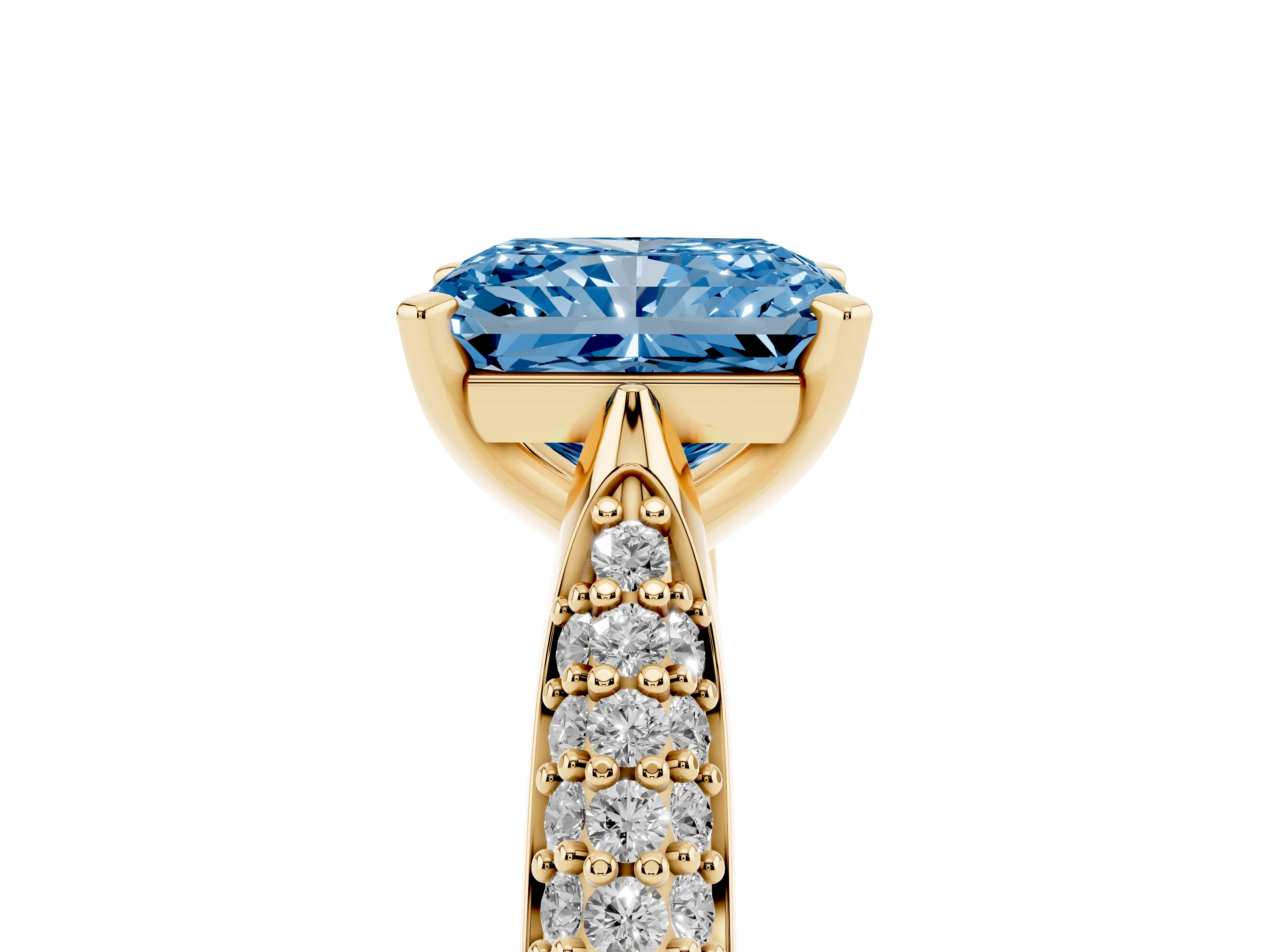Fancy Blue Radiant Cut Diamond Solitaire Engagement Ring Set in Yellow gold with Multi-Row Round Pavé Band and Prong Setting