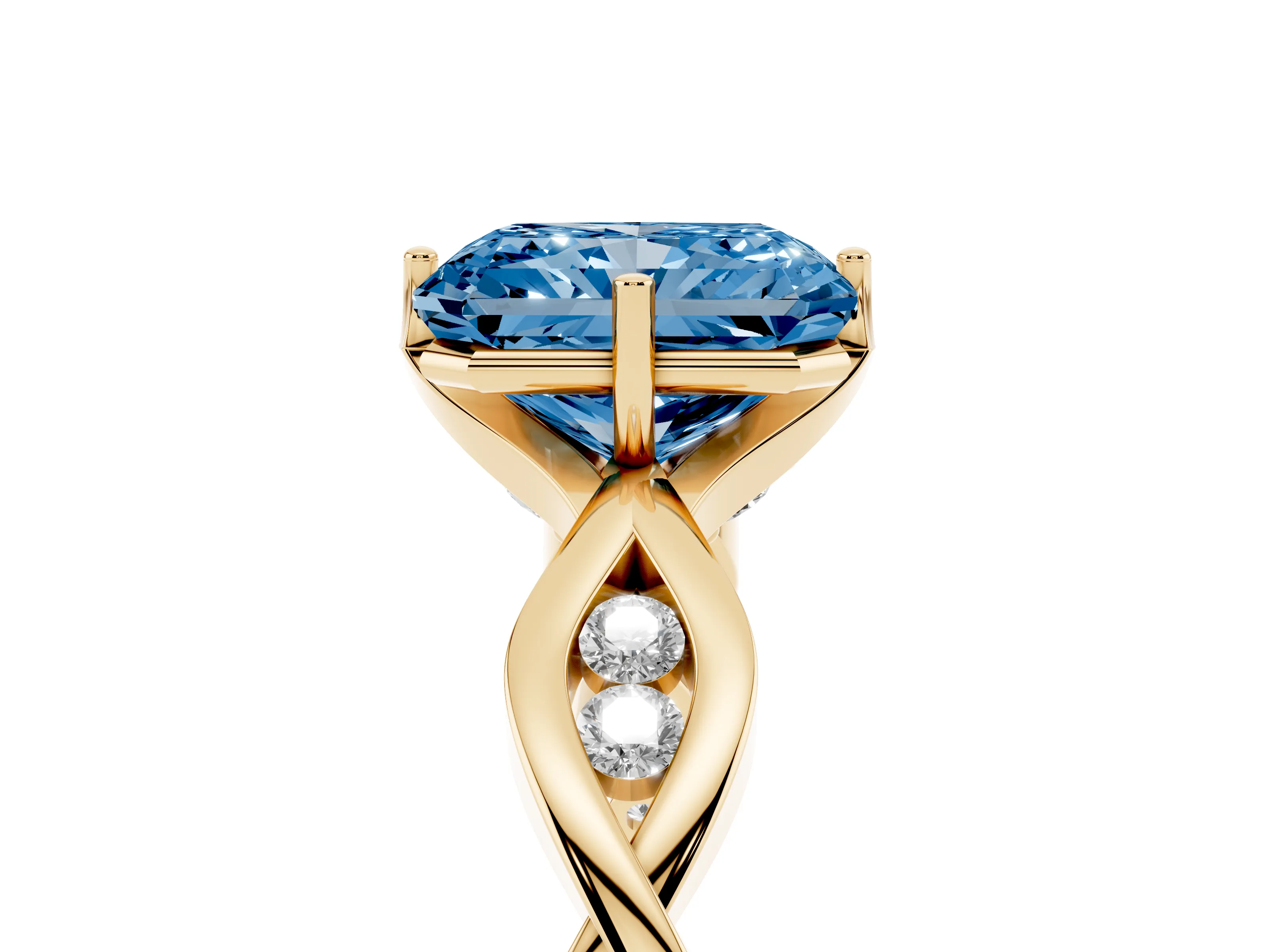 Fancy Blue Radiant Cut Diamond Twist Band Solitaire Ring Set in Yellow gold with Leaf Prong Setting and Accent Stones