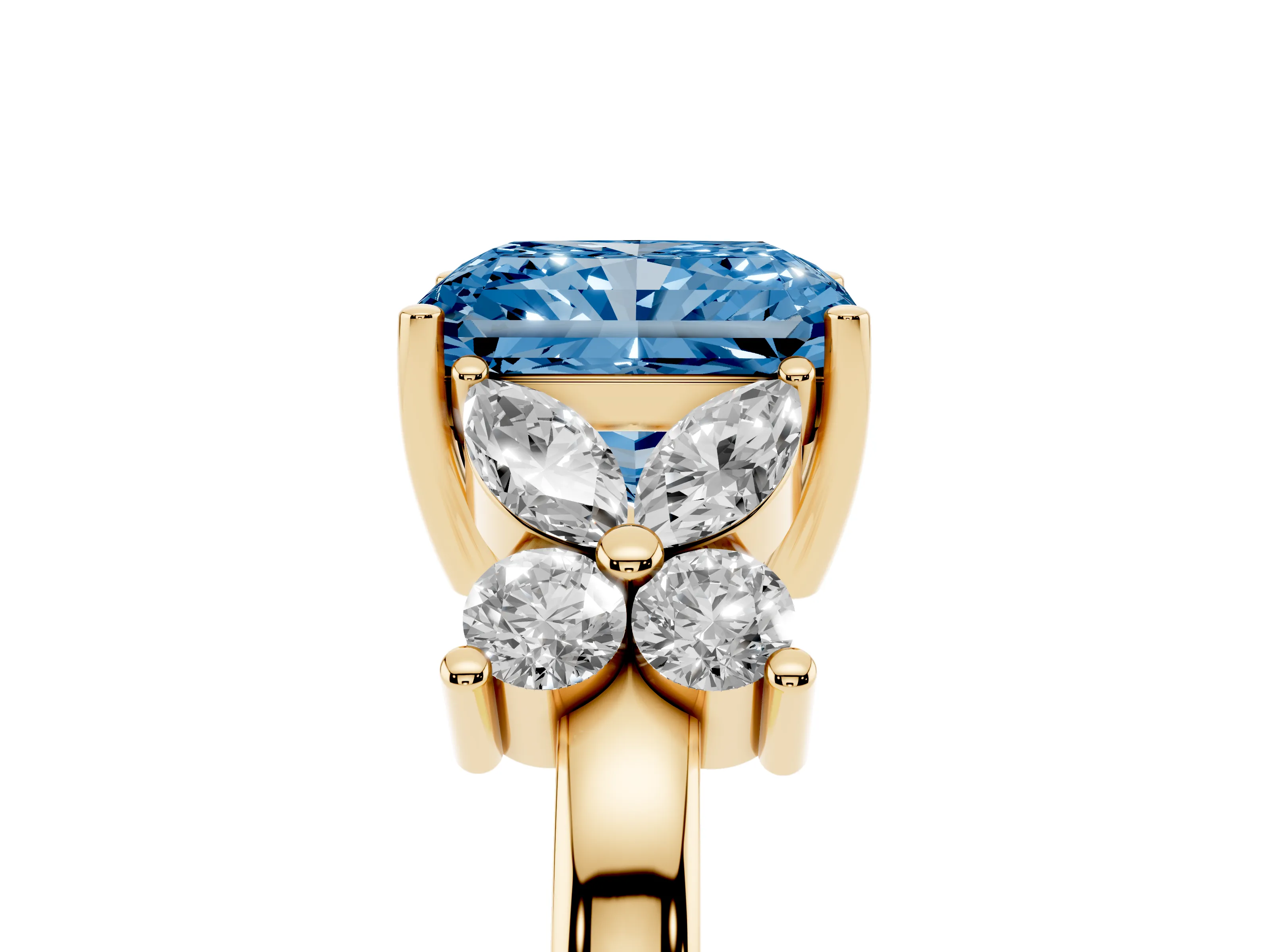 Fancy Blue Radiant Cut Diamond Floral Cluster Ring Set in Yellow gold with Marquise Petals and Prong Setting