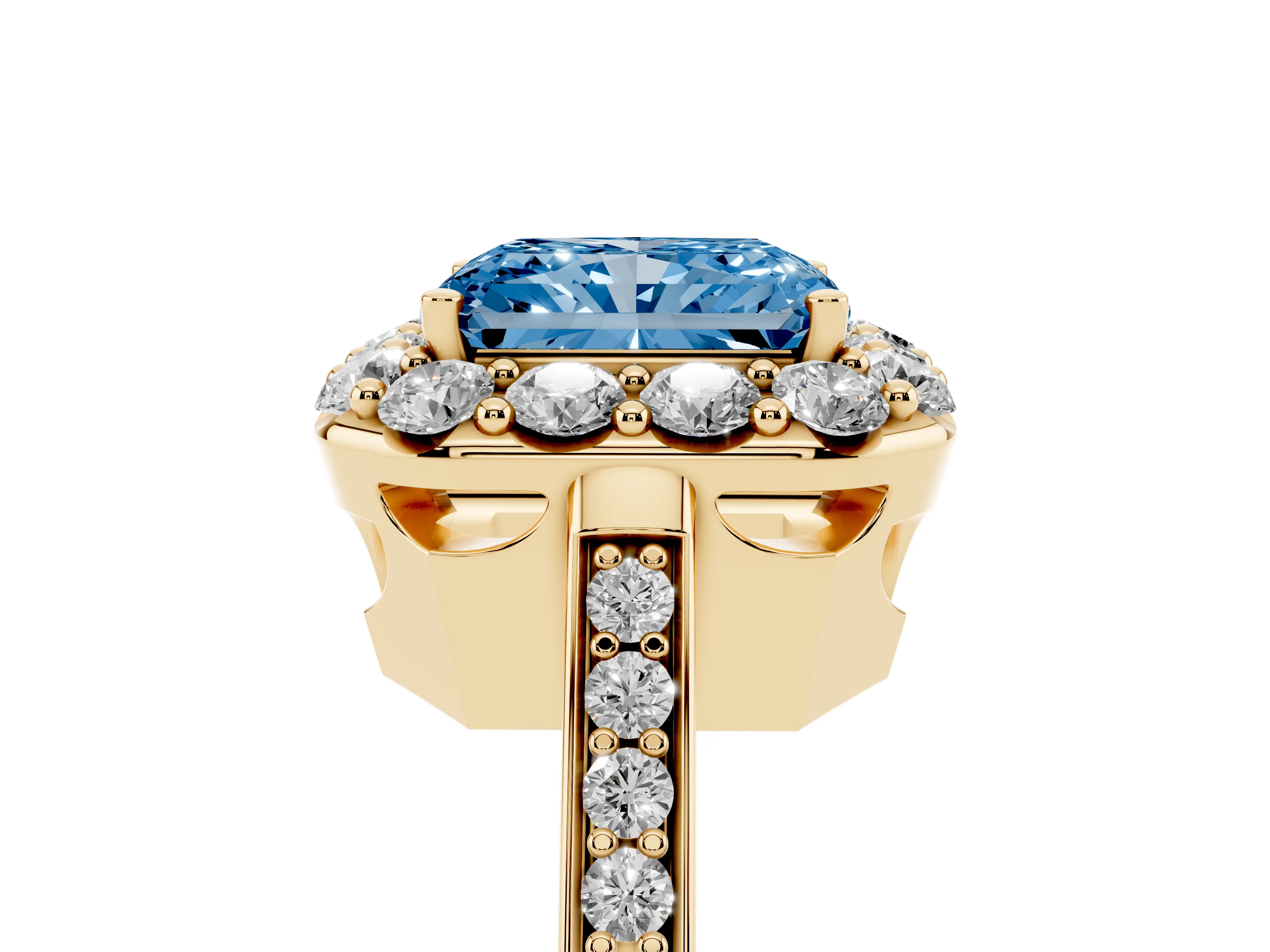 Fancy Blue Radiant Cut Diamond Floral Halo Ring Set in Yellow gold with Pavé Band and Prong Setting