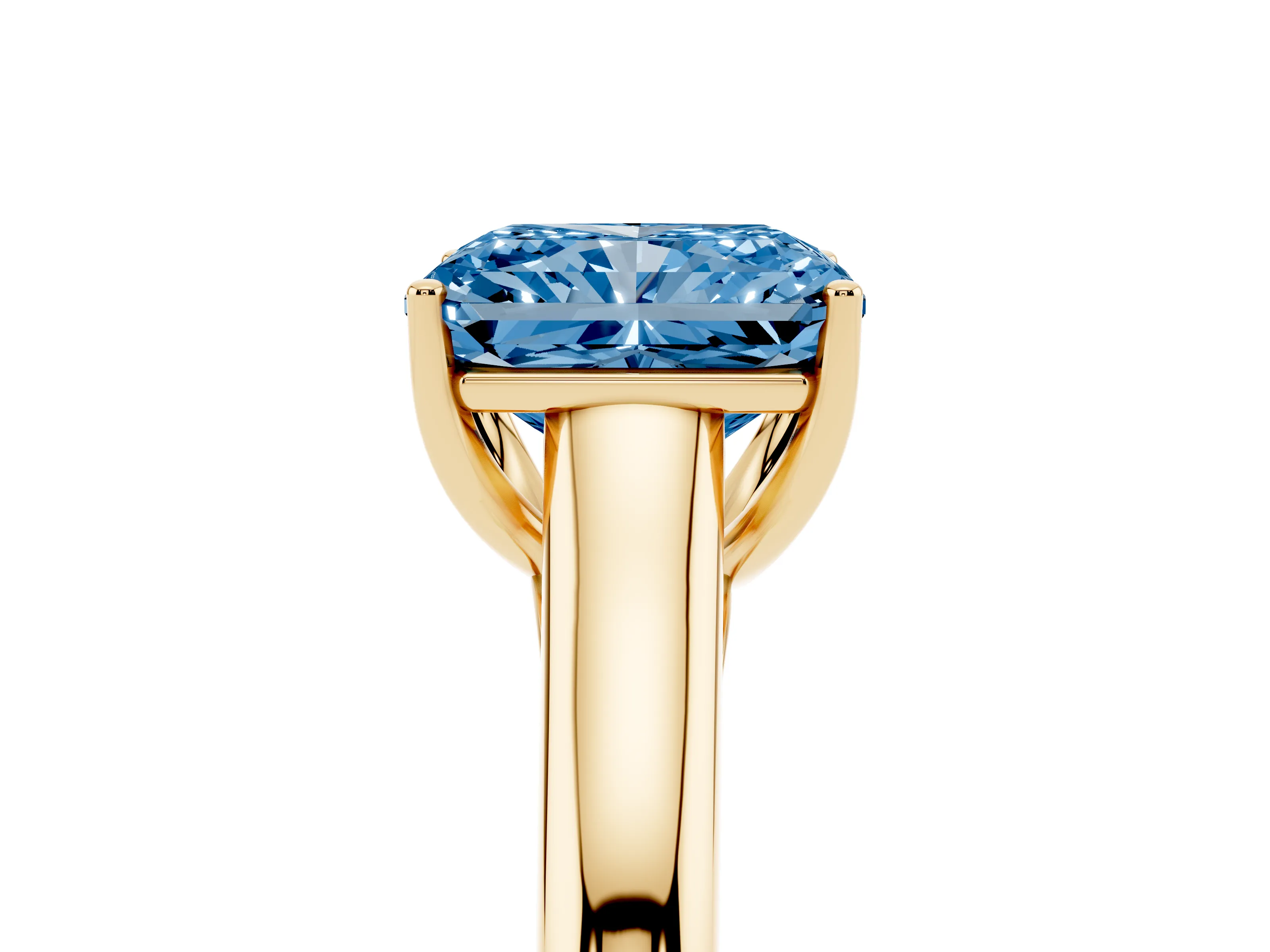 Fancy Blue Radiant Cut Diamond Solitaire Engagement Ring Set in Yellow gold with Subtly Tapered Band and Prong Setting