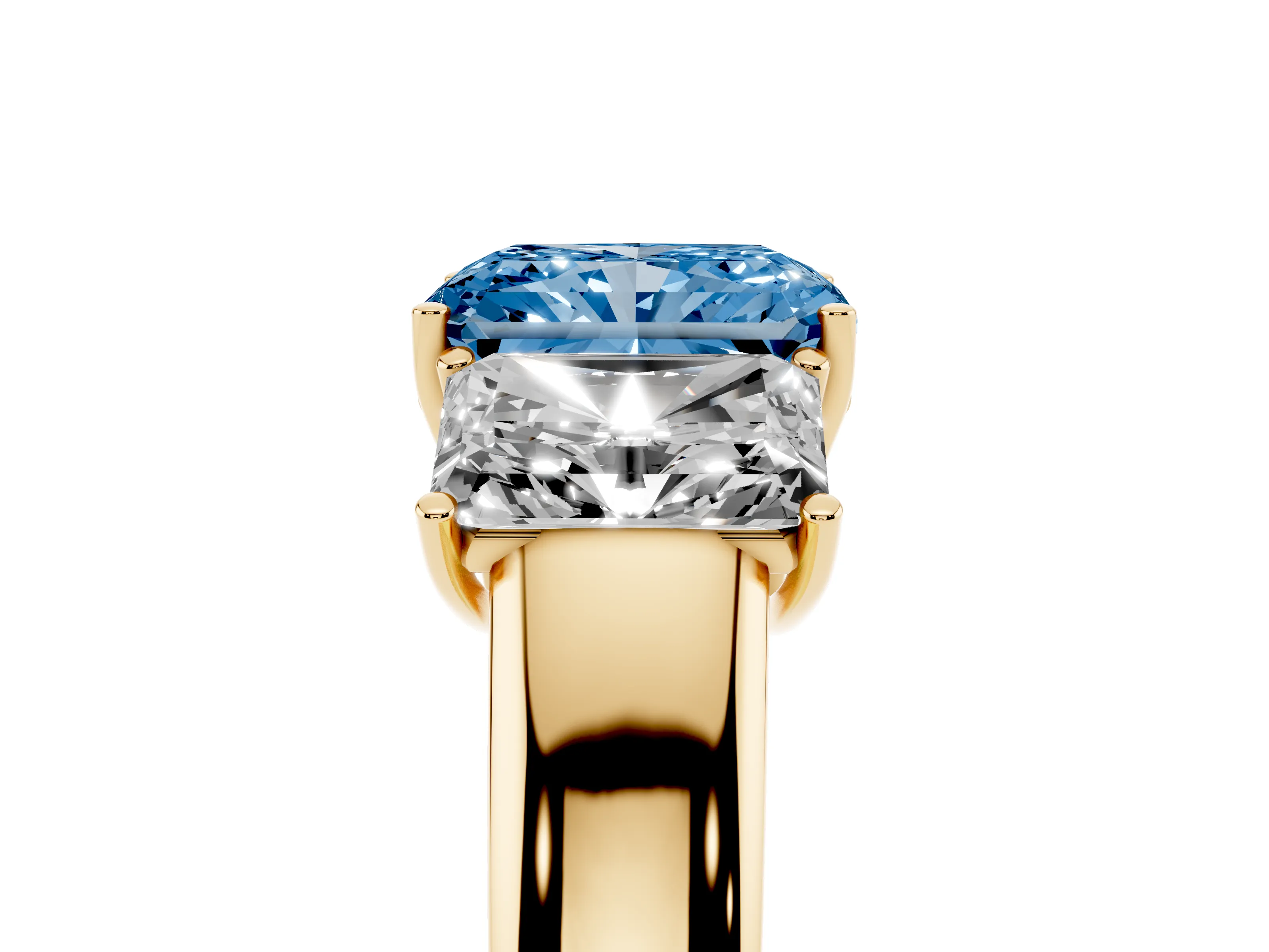 Fancy Blue Three-Stone Radiant Cut Diamond Ring Set in Yellow gold with Matching Prong Settings and Plain Band