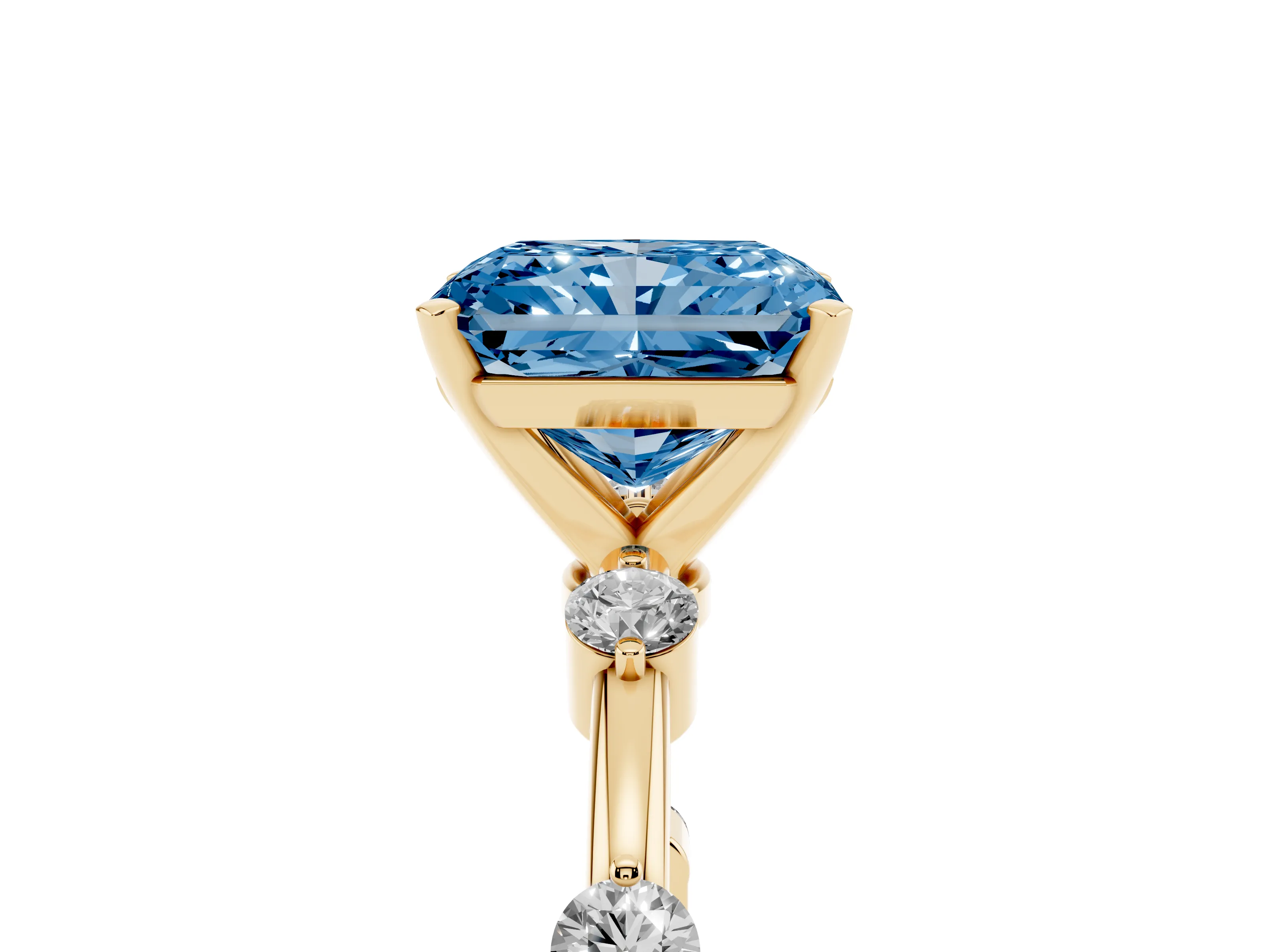 Fancy Blue Radiant Cut Diamond Solitaire Ring Set in Yellow gold with Bezel Set Side Stones and Prong Setting