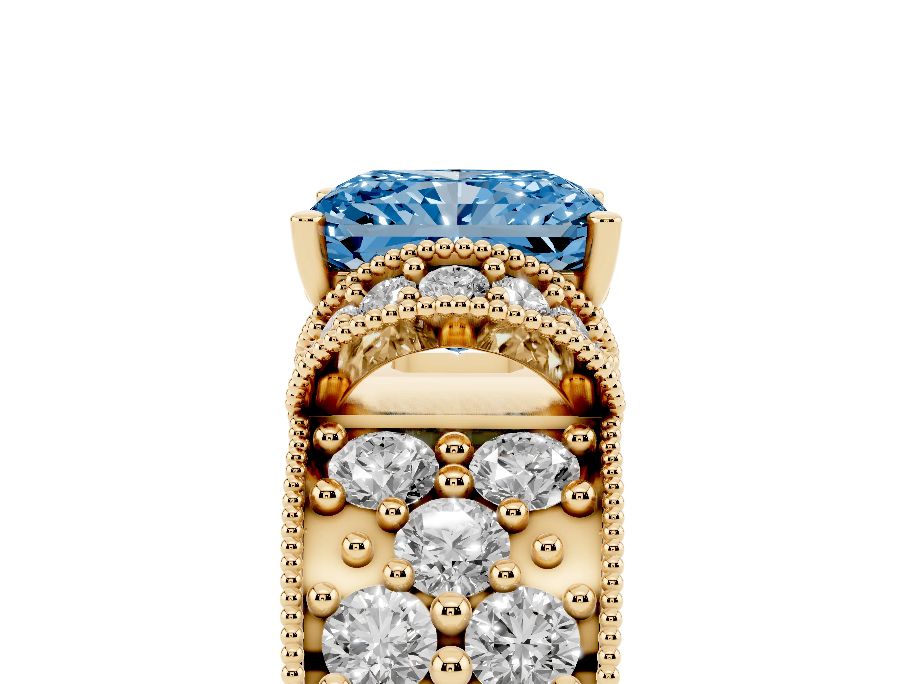 Fancy Blue Radiant Cut Diamond Milgrain Halo Pavé Engagement Ring Set in Yellow gold with Prong Setting