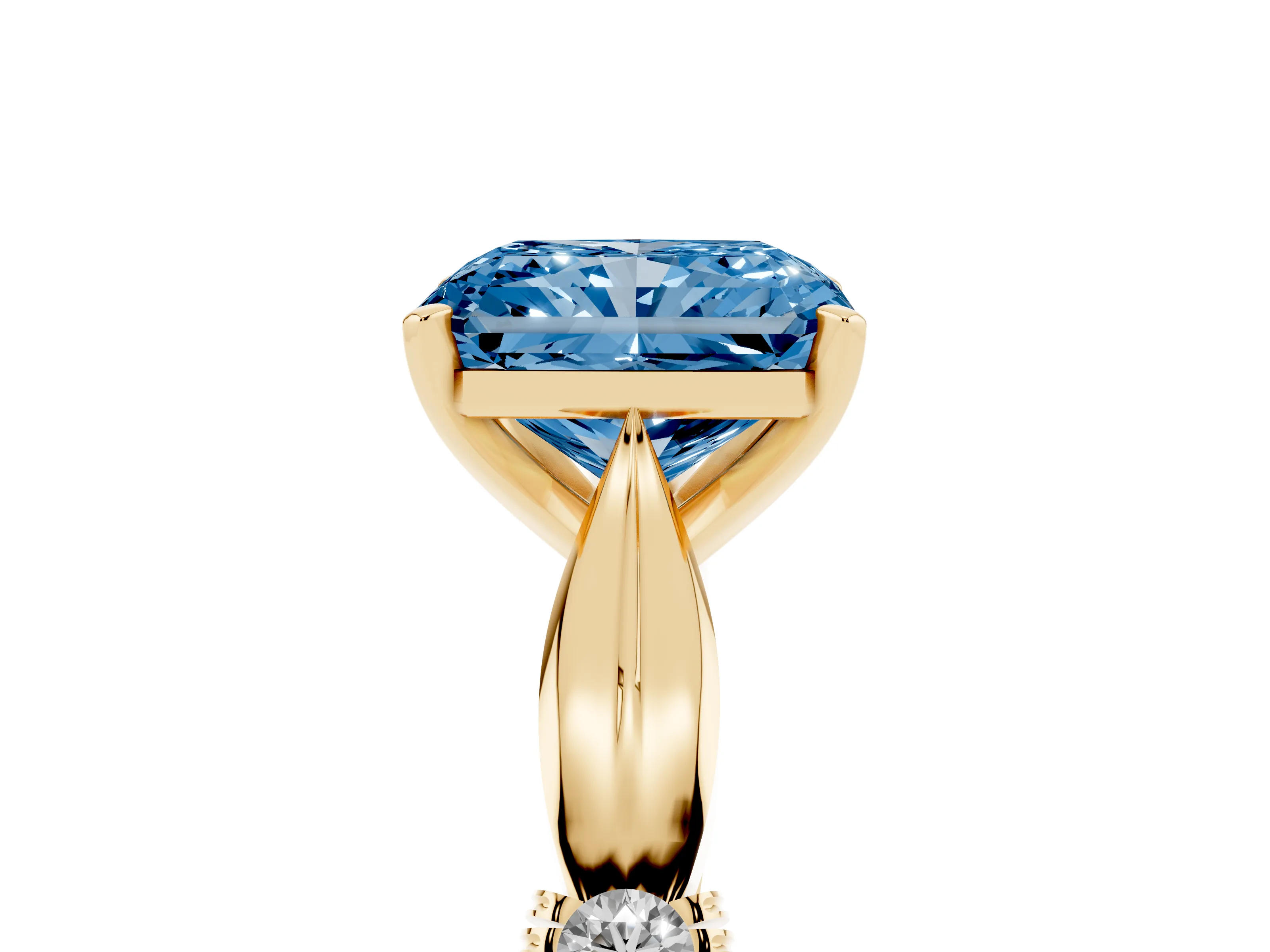 Fancy Blue Radiant Cut Diamond Solitaire Twisted Band Ring Set in Yellow gold with Accent Stones and Prong Setting