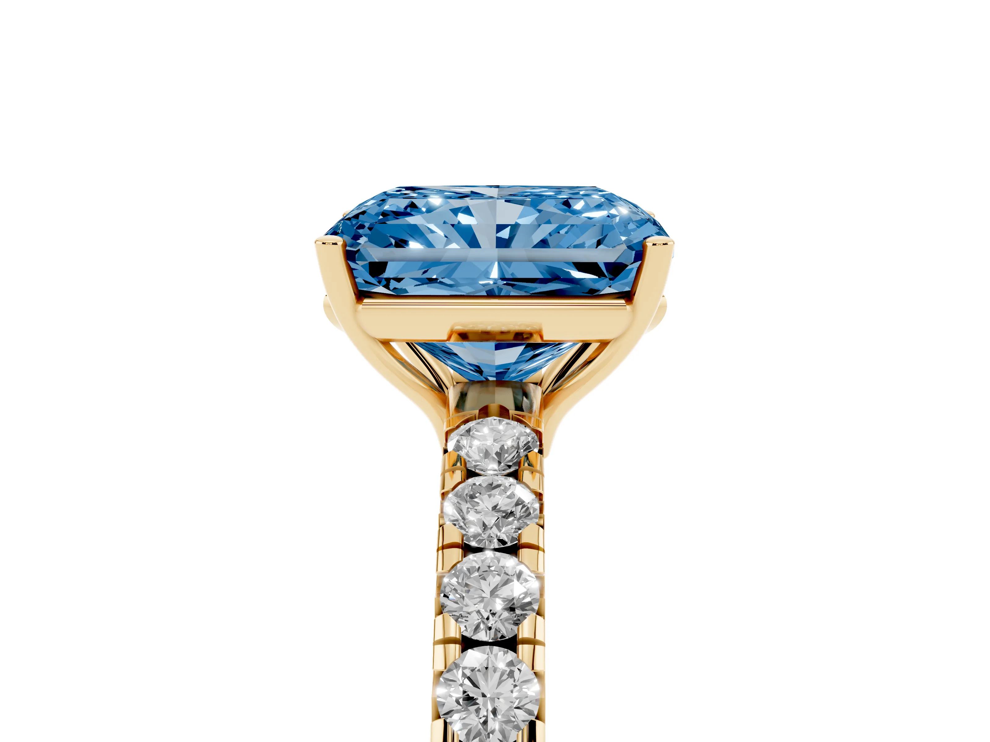 Fancy Blue Radiant Cut Diamond Pavé Solitaire Engagement Ring Set in Yellow gold with Prong Setting