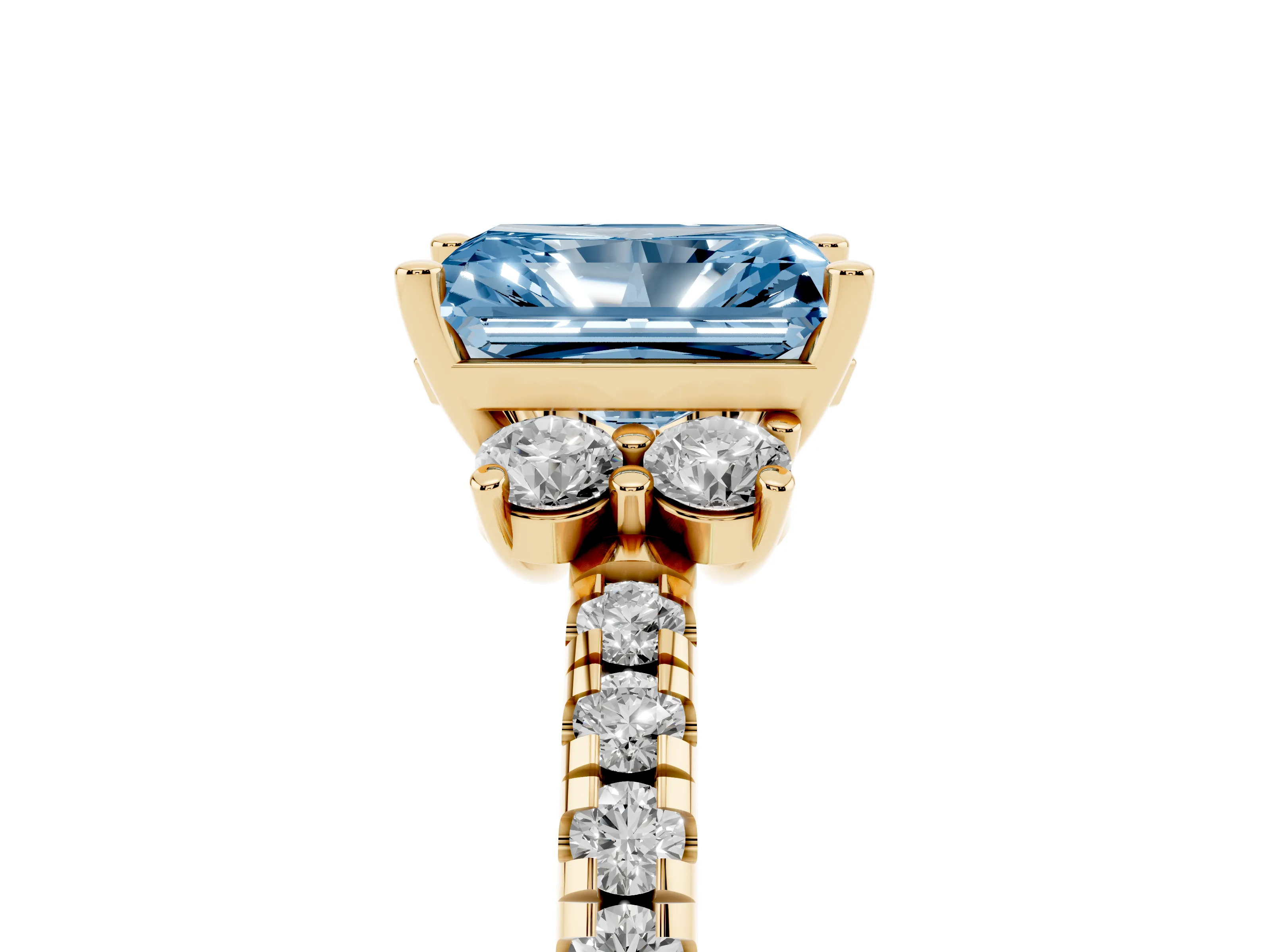 Fancy Blue Radiant Cut Diamond Three-Stone Pavé Ring Set in Yellow gold with Prong Setting