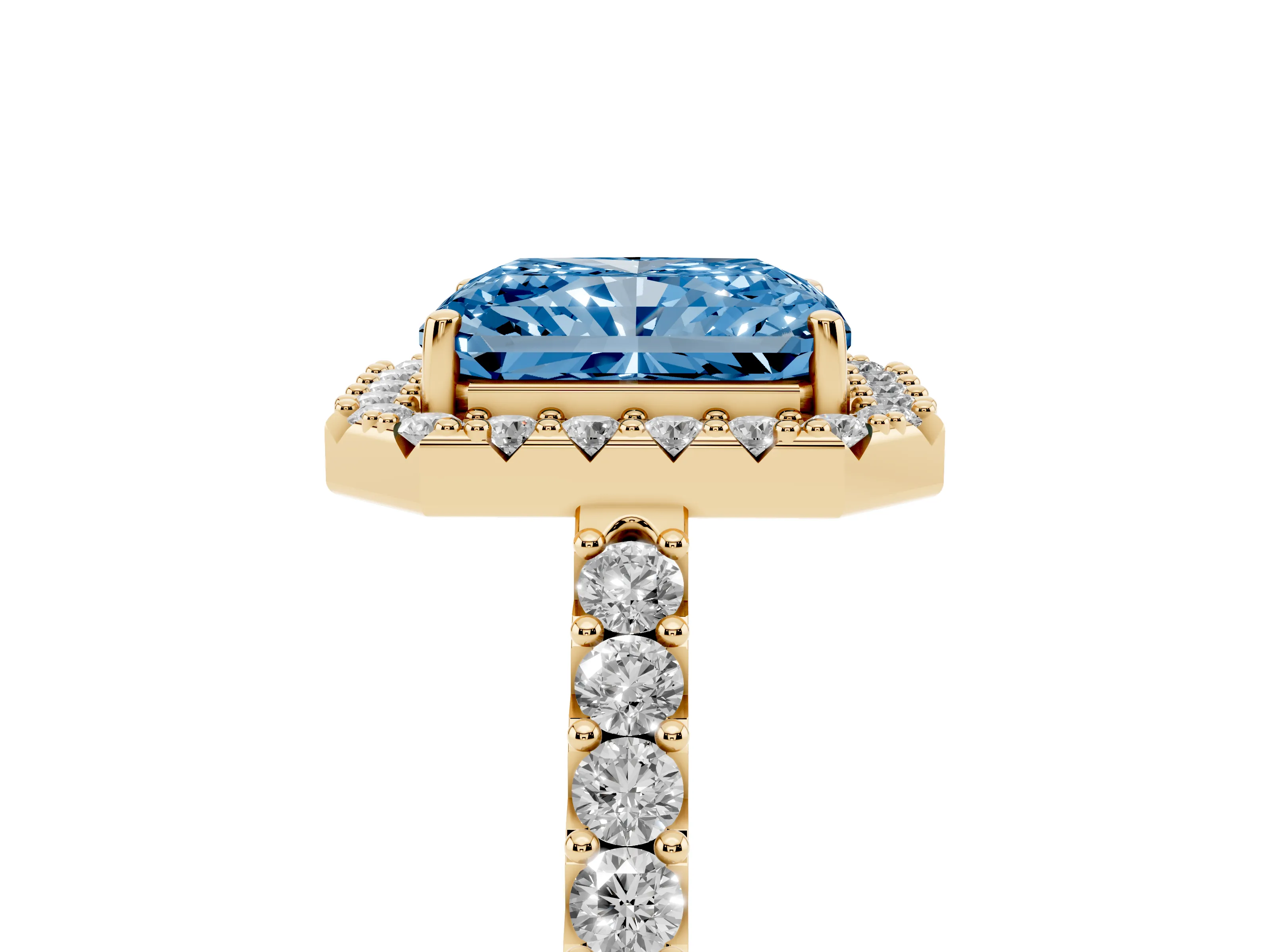 Fancy Blue Radiant Cut Diamond Halo Pavé Solitaire Ring Set in Yellow gold with Prong-Set Center Stone