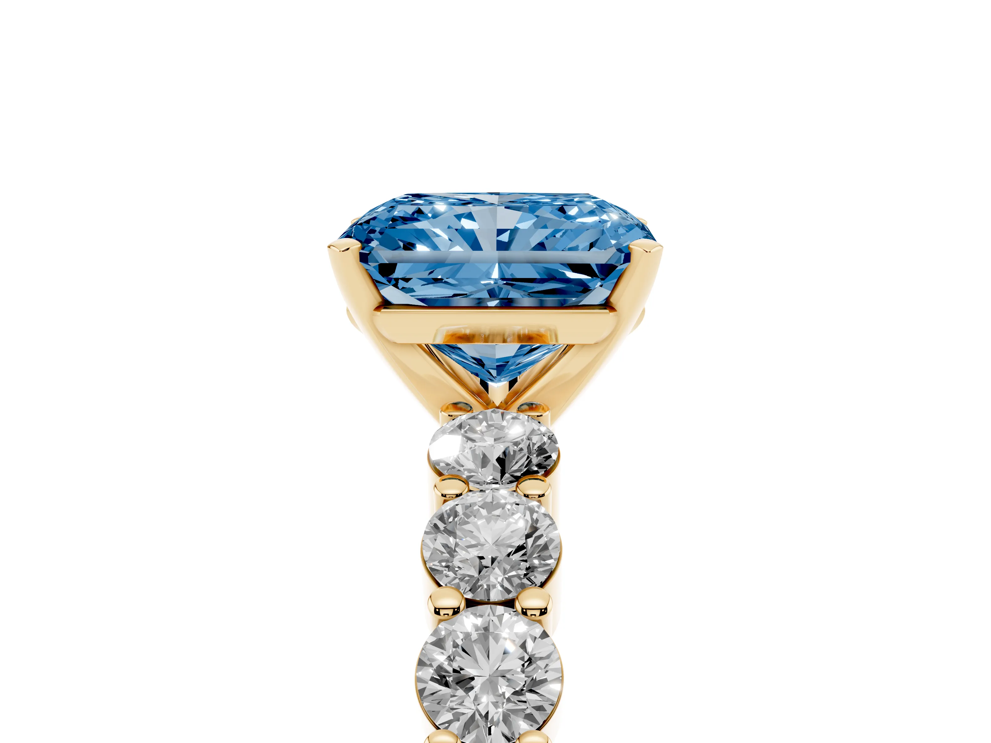 Fancy Blue Radiant Cut Diamond Solitaire Ring Set in Yellow gold with Shared Prong Round Side Stones