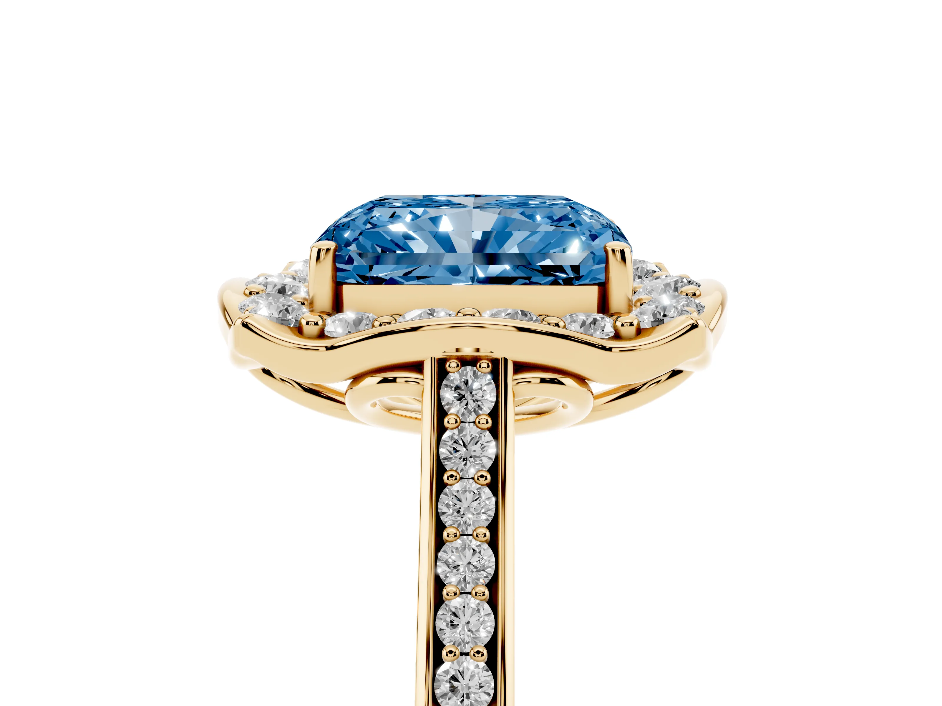 Fancy Blue Radiant Cut Diamond Halo Ring Set in Yellow gold with Pavé-Lined Shoulders and Prong Setting