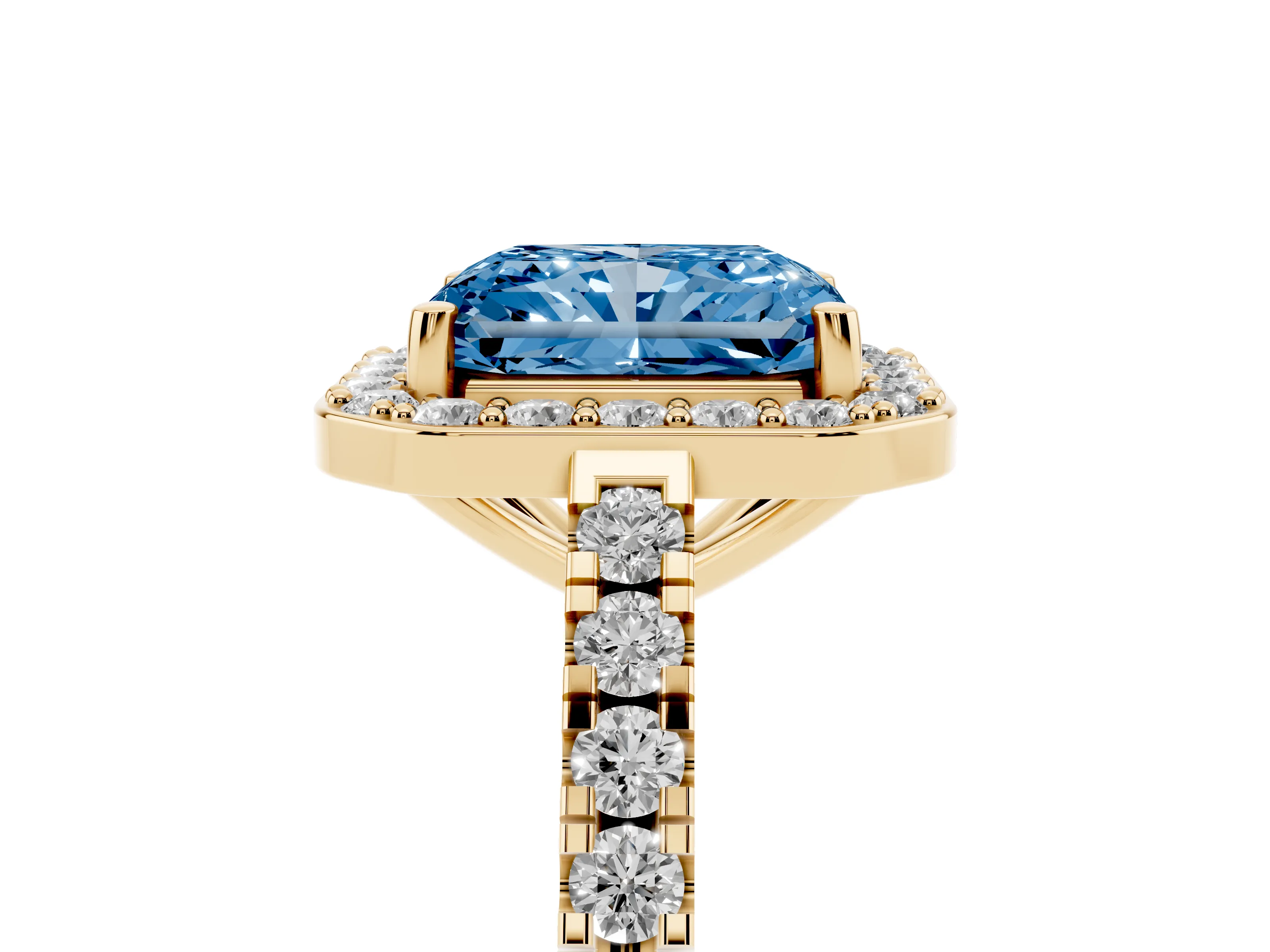 Fancy Blue Radiant Cut Diamond Halo Ring Set in Yellow gold with Round Pavé Split Shank and Prong Setting