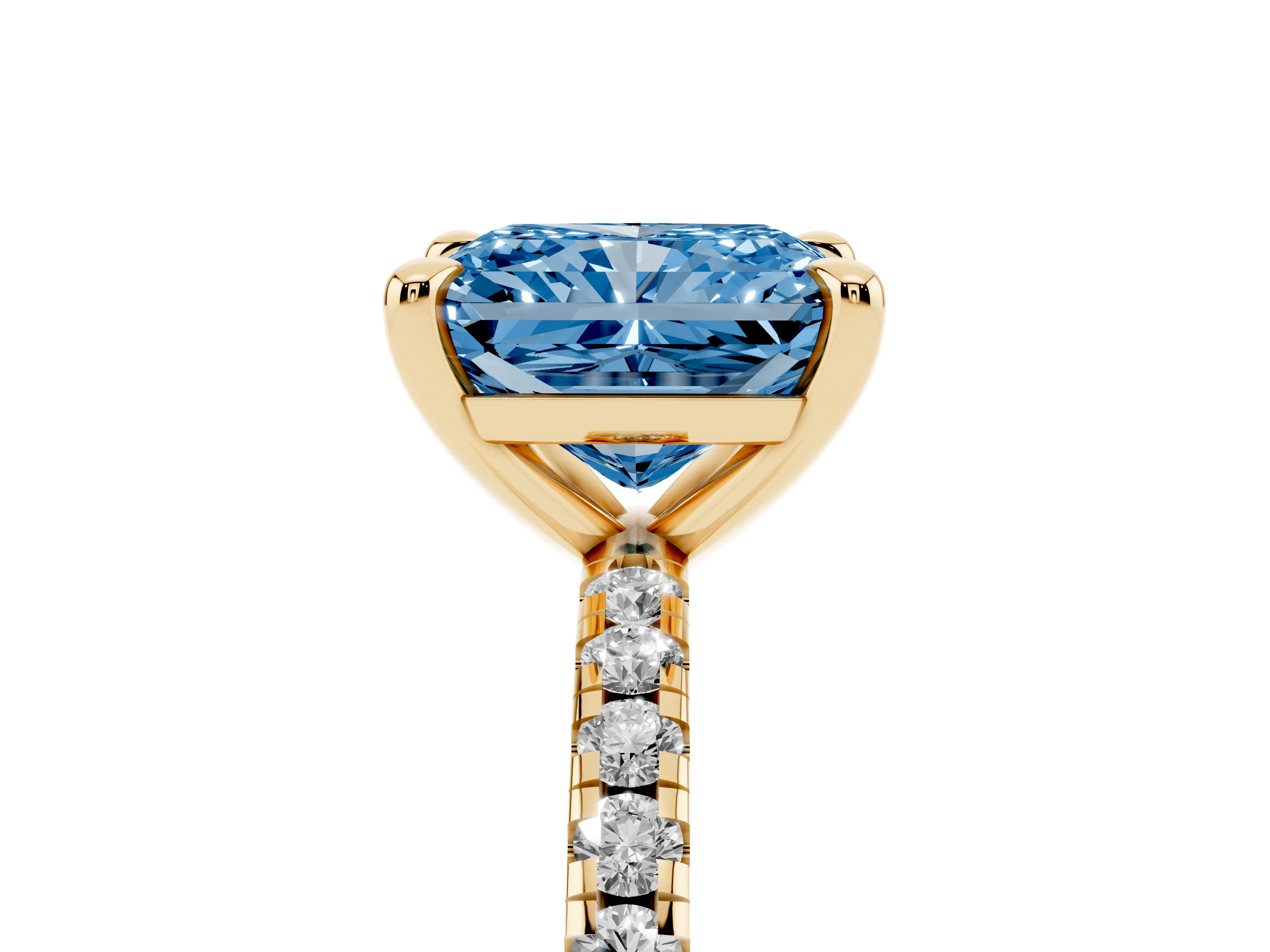 Fancy Blue Radiant Cut Diamond Brilliant Solitaire Ring Set in Yellow gold with Pavé Band and Prong Setting